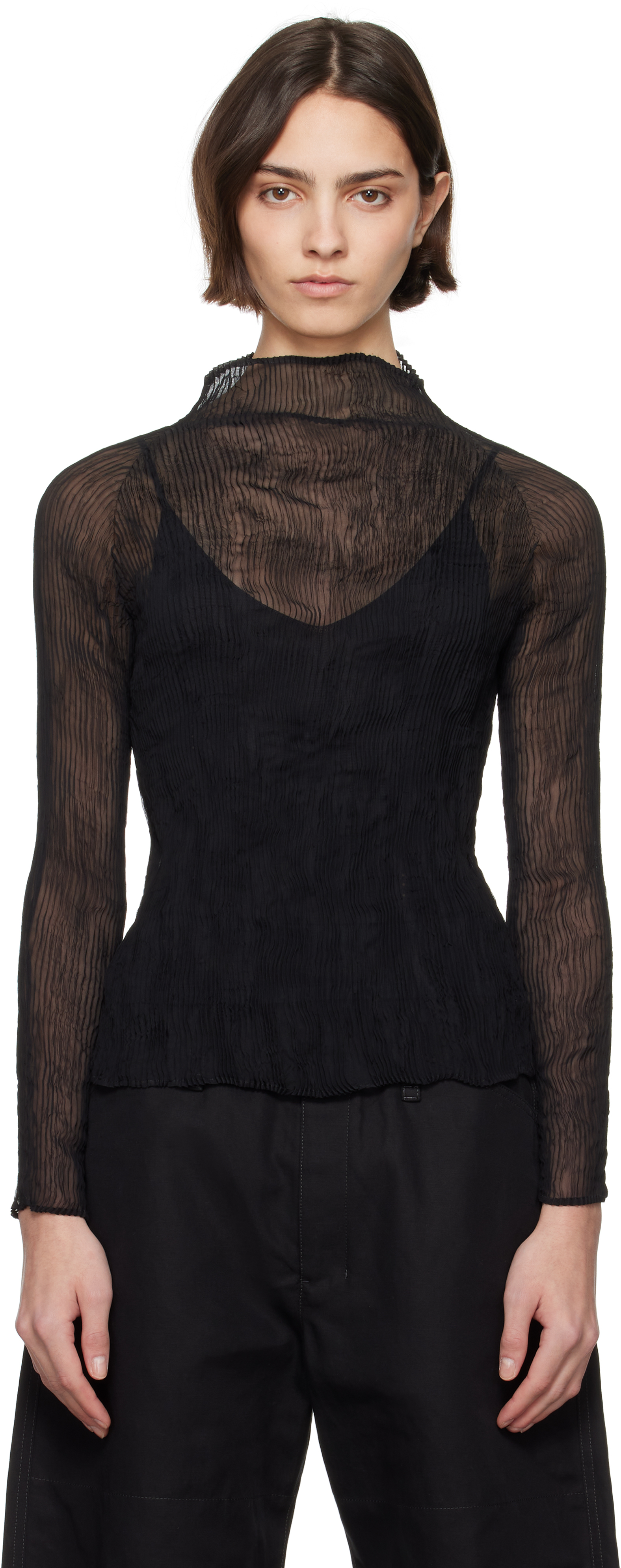 ISSEY MIYAKE: Black Chiffon Twist BK/WT-56 Turtleneck | SSENSE