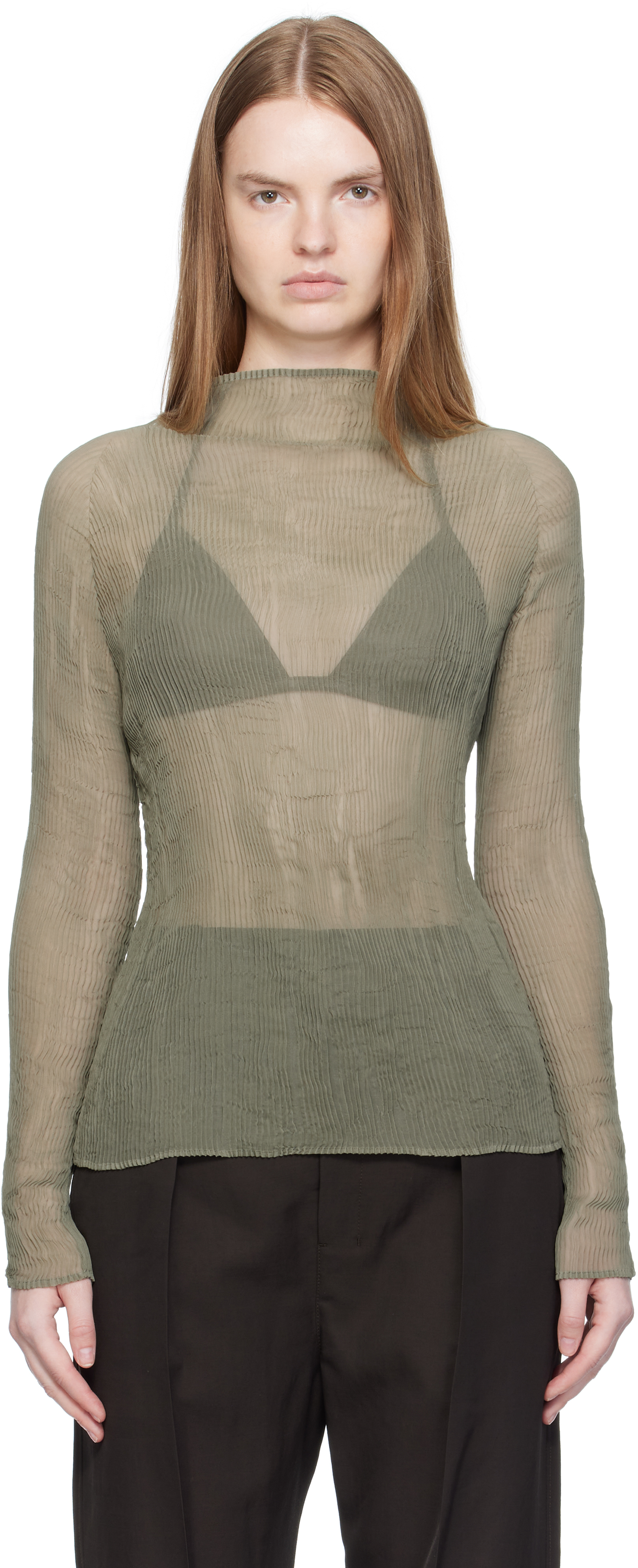 Issey Miyake Khaki Chiffon Twist 3 Top In Green