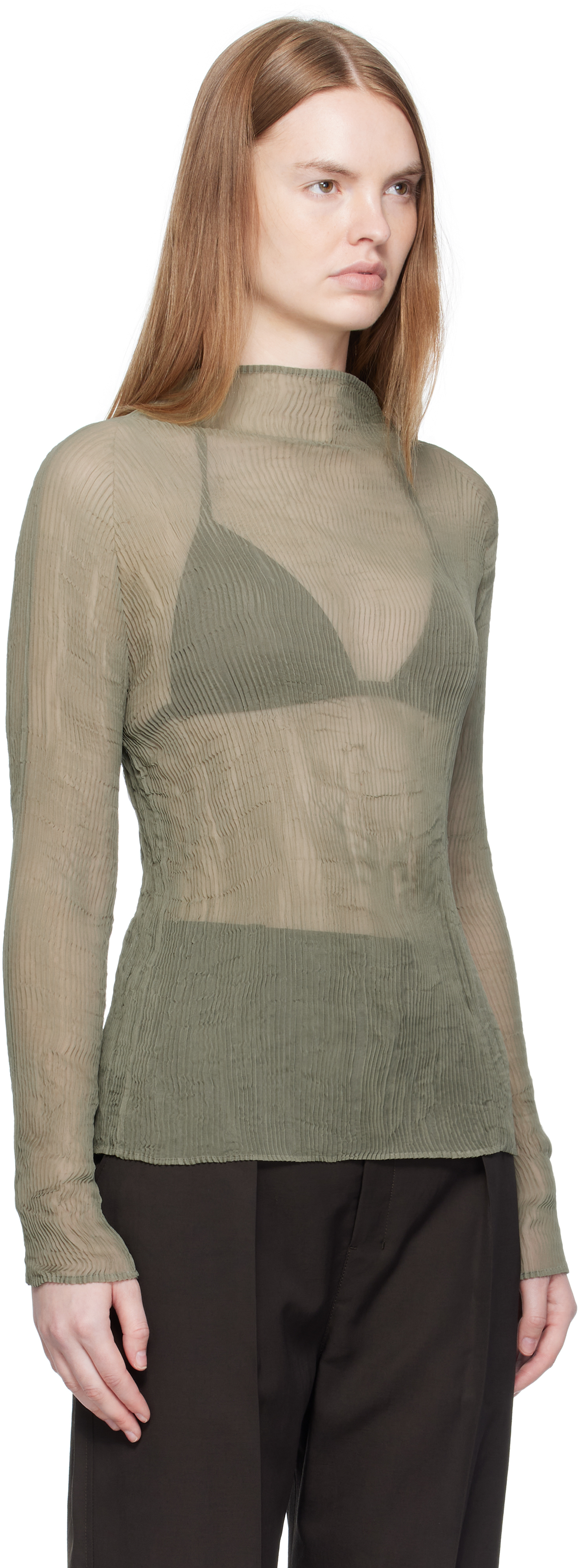 Issey Miyake Khaki Chiffon Twist 3 Top In Green
