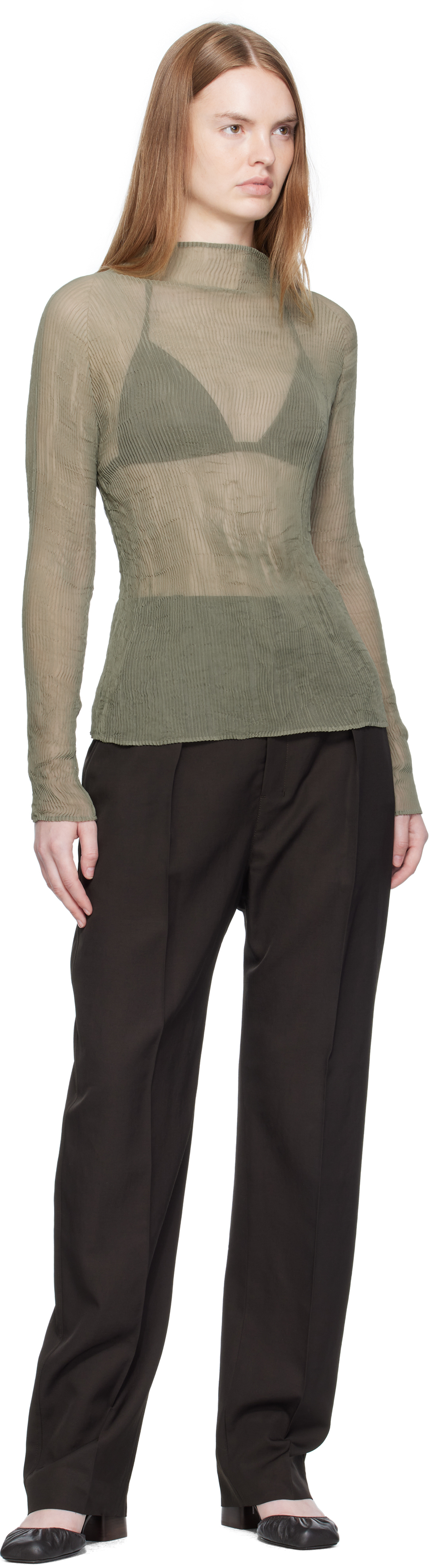 Issey Miyake Khaki Chiffon Twist 3 Top In Green