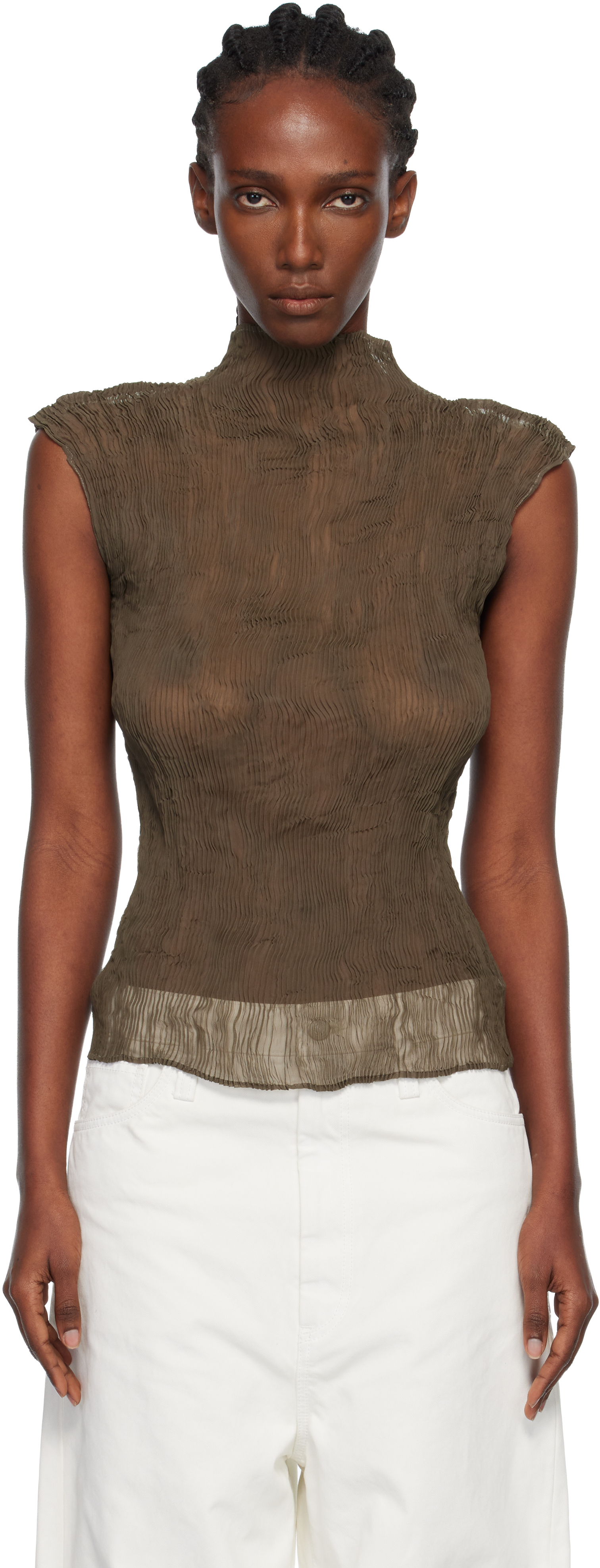 Khaki Chiffon Twist Top by ISSEY MIYAKE on Sale