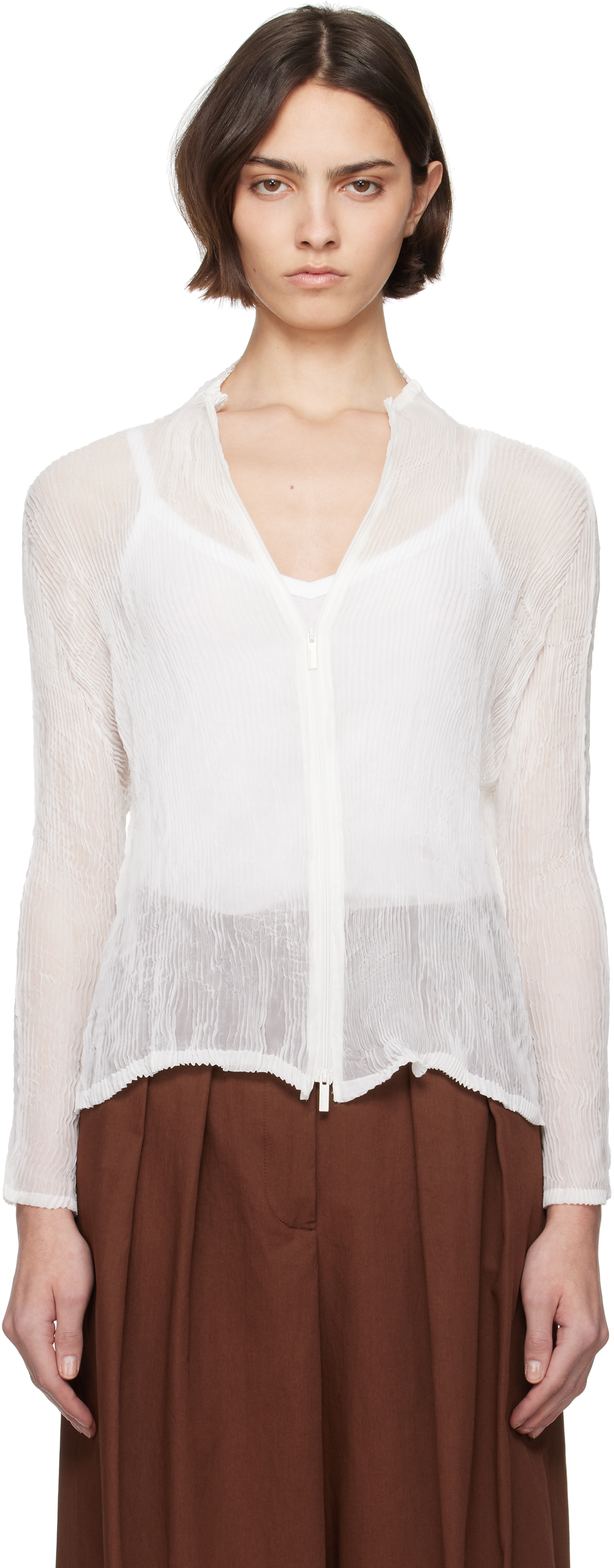 ISSEY MIYAKE: White Chiffon Twist BK/WT-56 Blouse | SSENSE