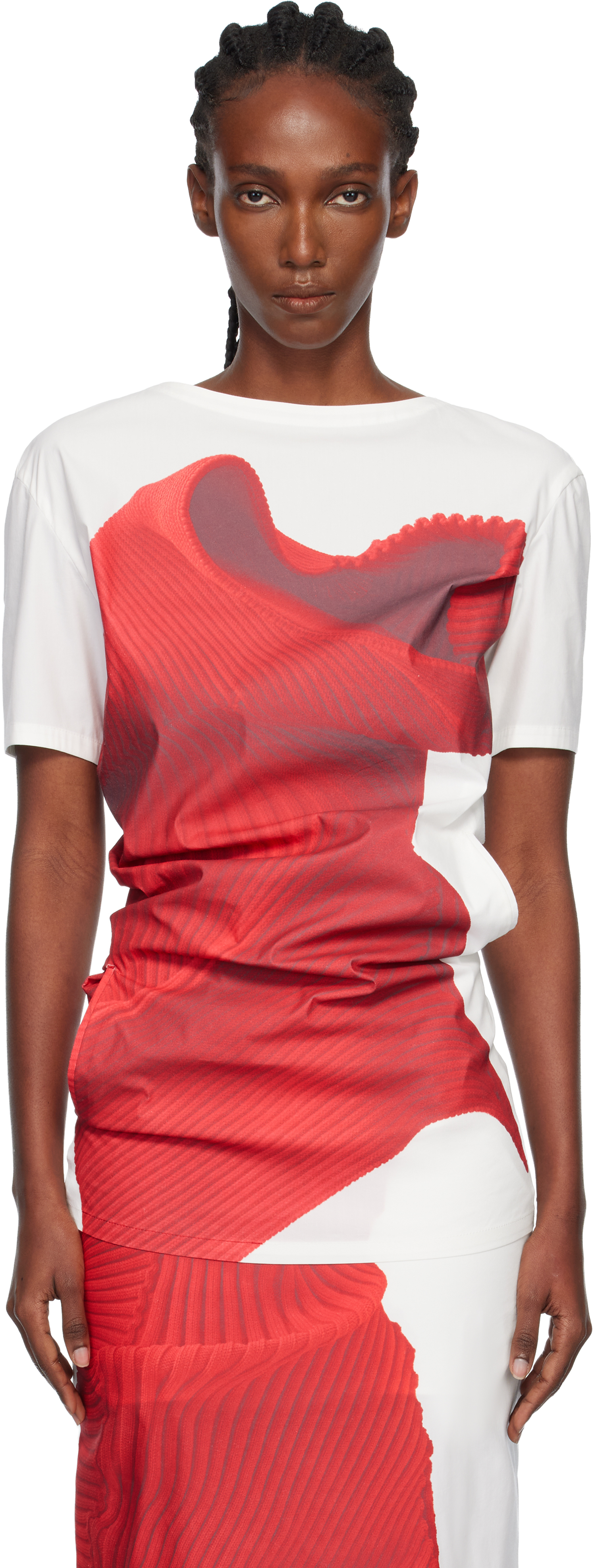 Issey Miyake White & Red Knit 'as Represented' Blouse In Red