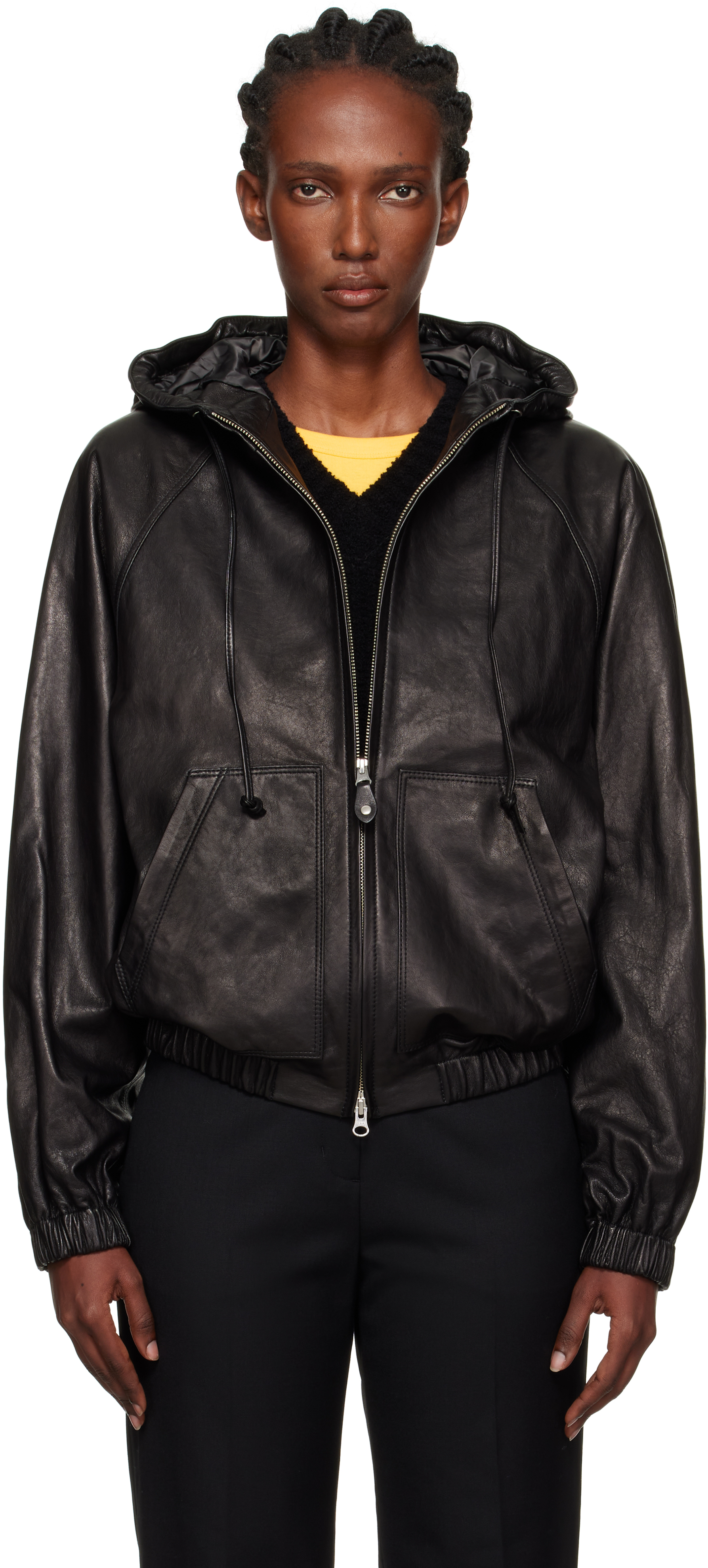 Nothing Written Black Hooded Leather Blouson Jacket In Black