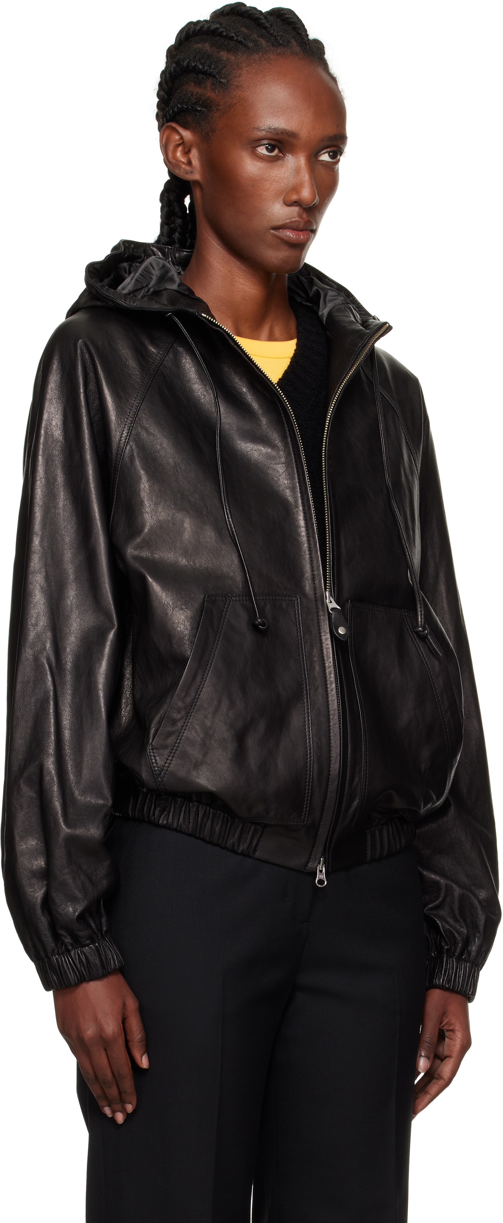 Nothing Written Black Hooded Leather Blouson Jacket In Black