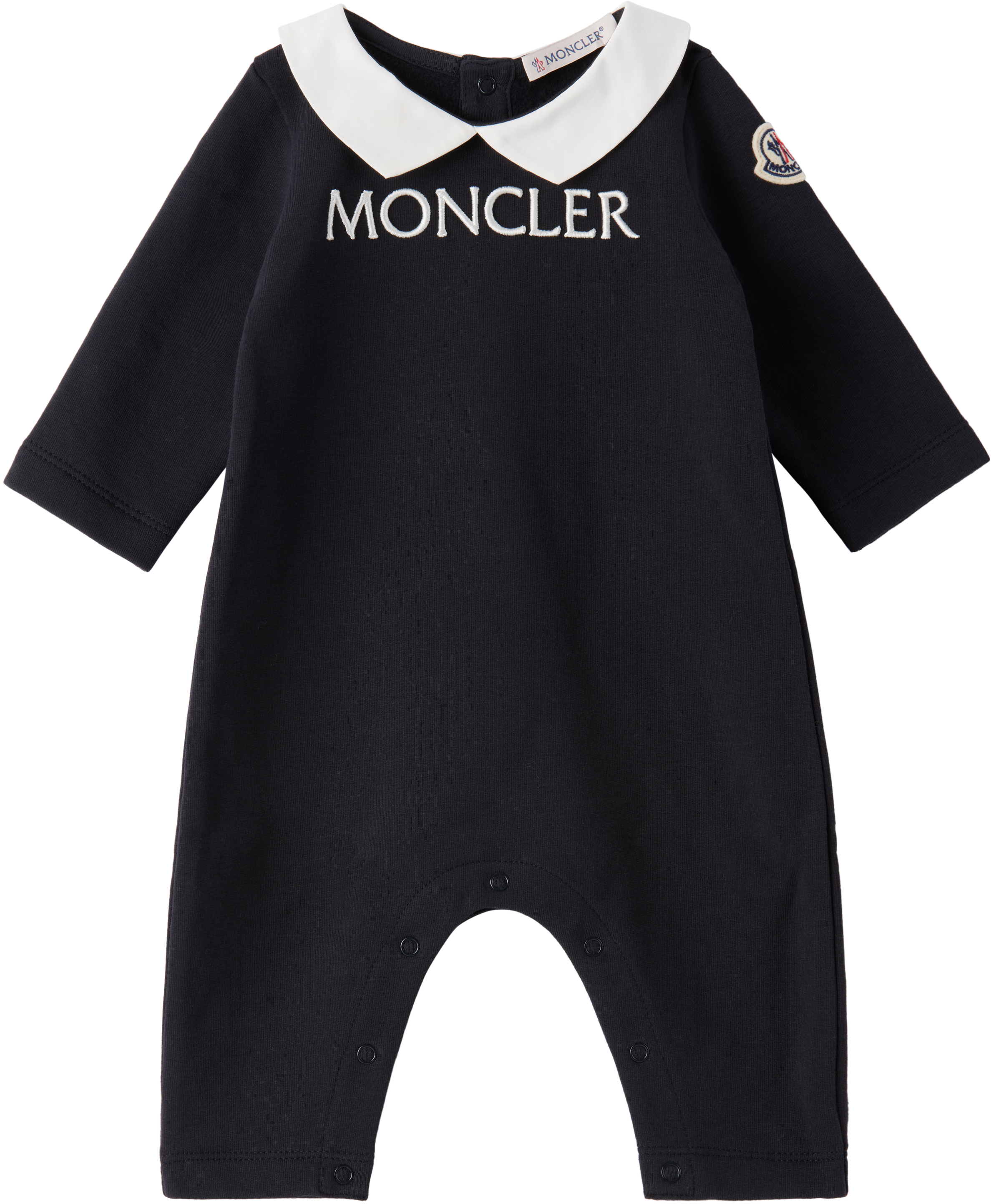 MONCLER ネイビー ロンパース Navy Blue Tricolor-Trimmed Cotton Piquet Baby Romper - Clothing