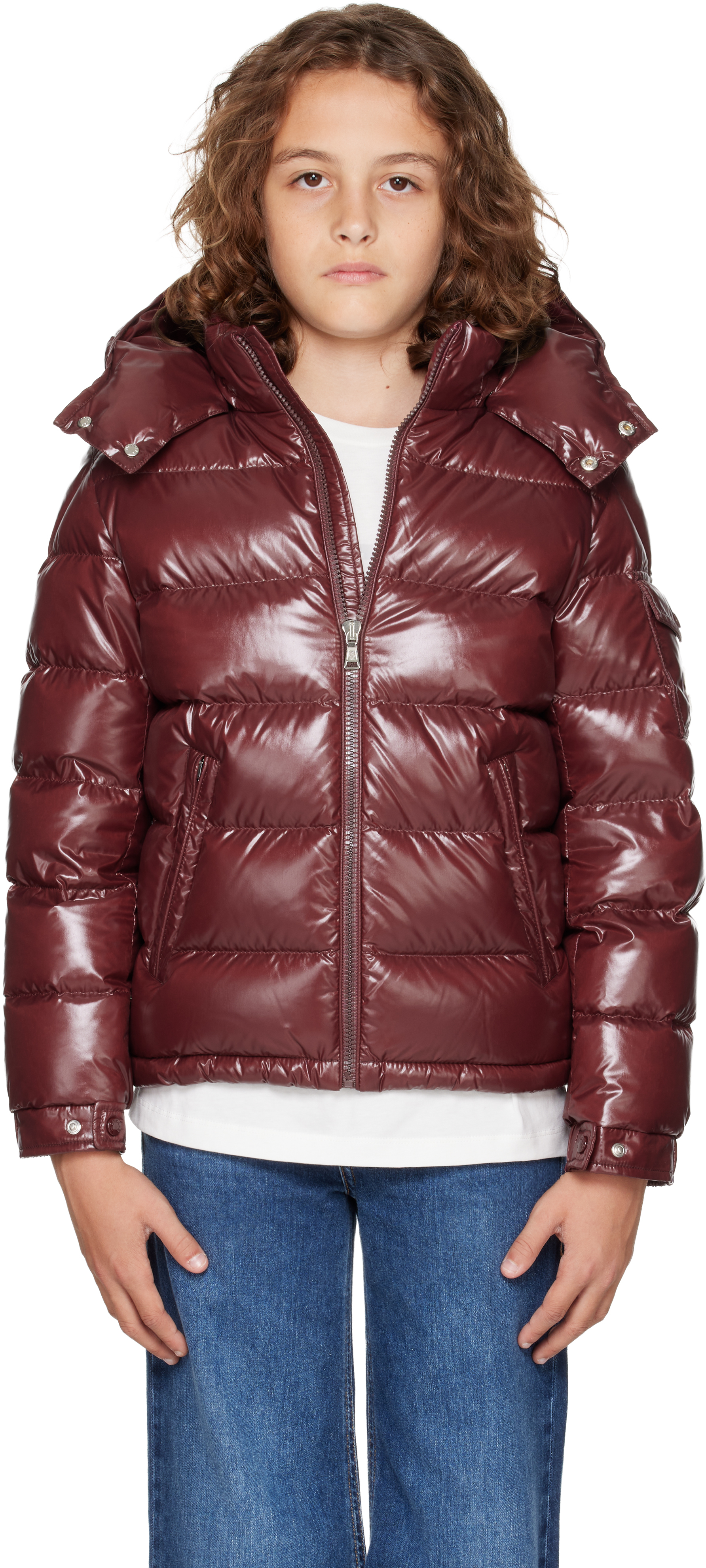 Big Kids Burgundy Maya Hooded Down Jacket by Moncler Enfant | SSENSE