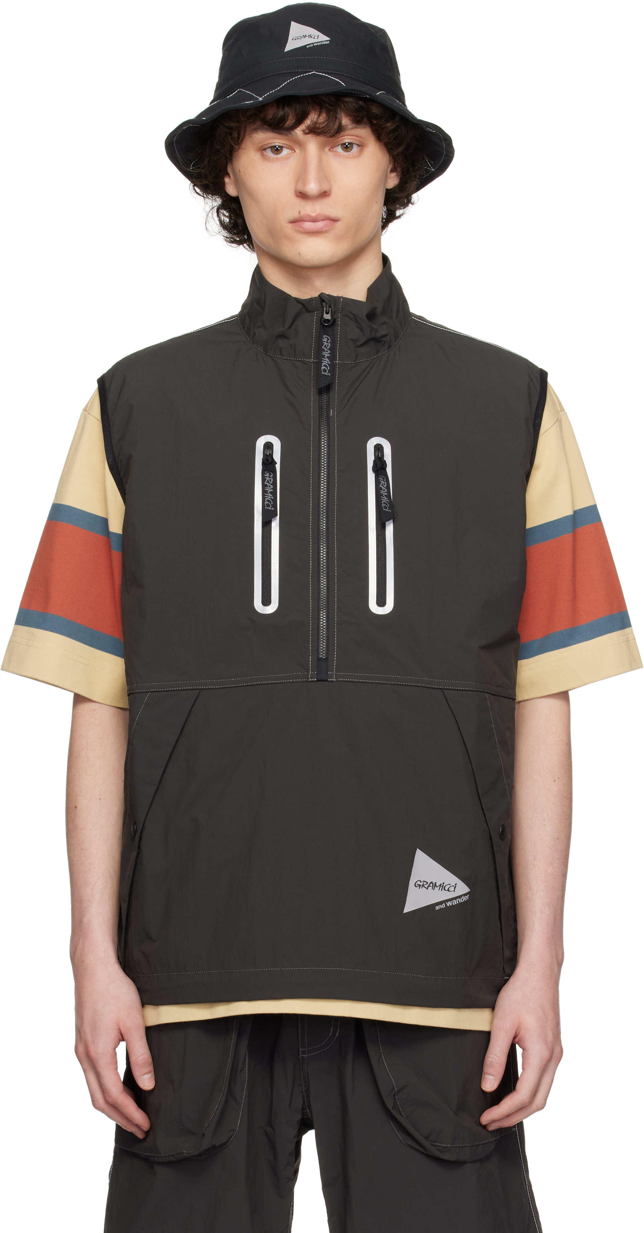 And Wander Gray Gramicci Edition Brushed Nylon Vest In Charcoal