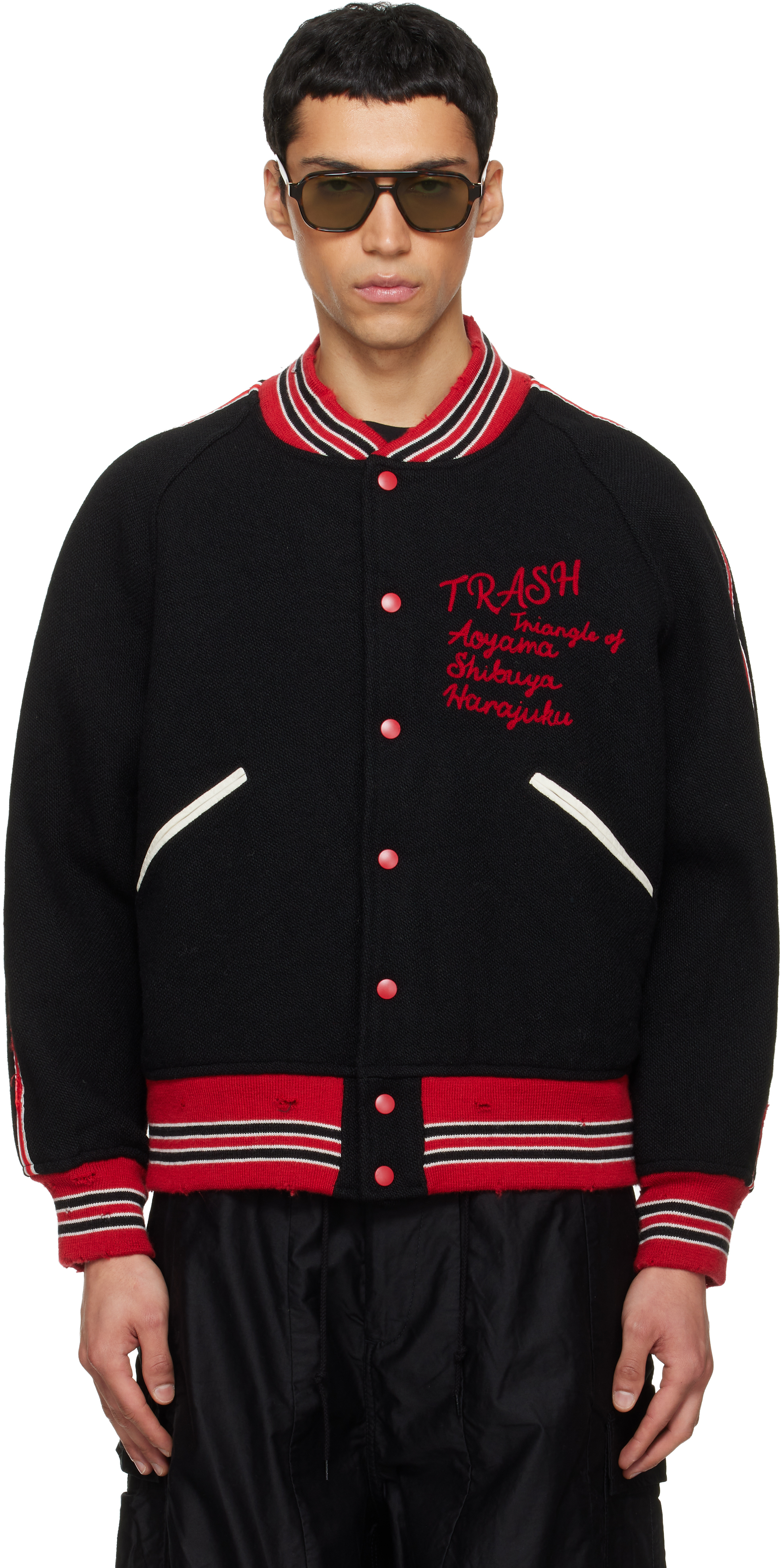 l*e様 Needles Deconstructed Lettered Jack NEEDLES: Black Deconstructed Letter Bomber Jacket | SSENSE