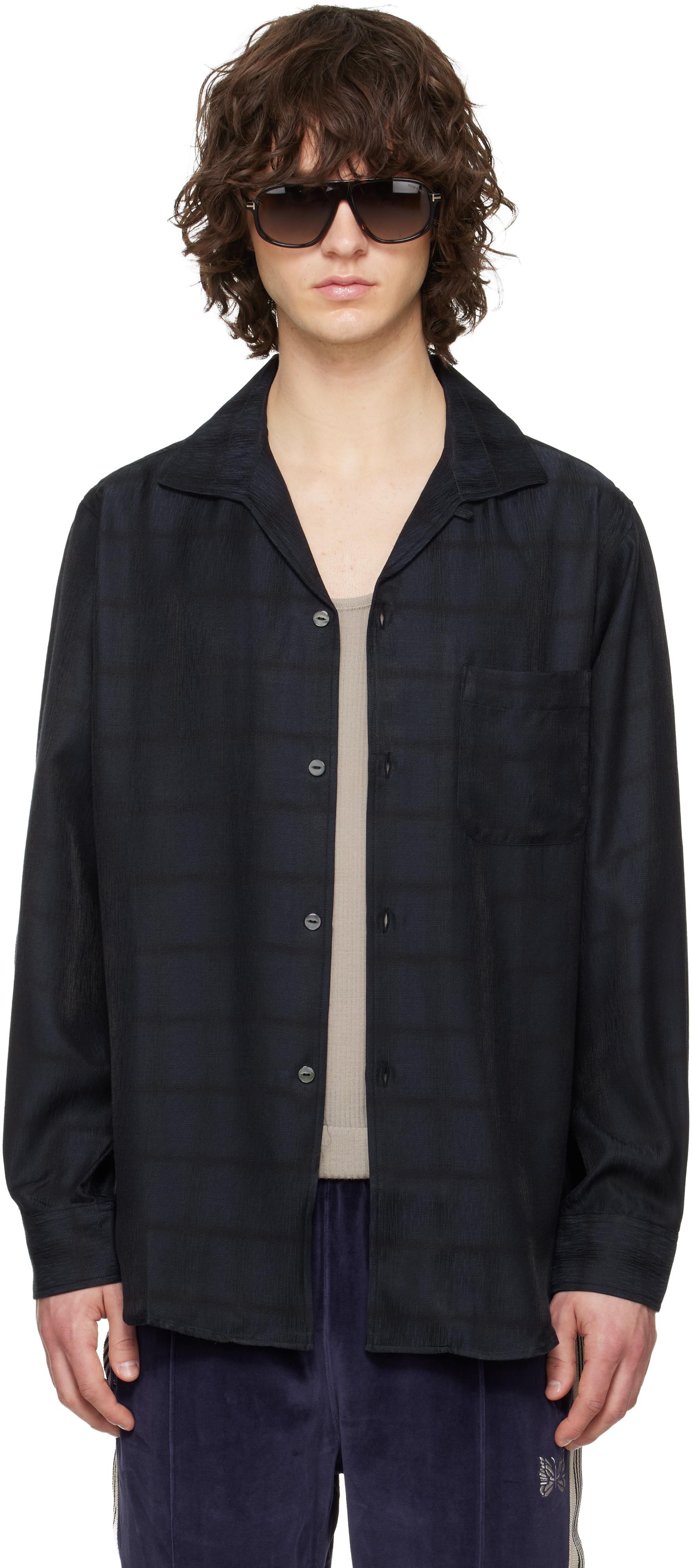 NEEDLES: Navy Italian Collar Shirt | SSENSE