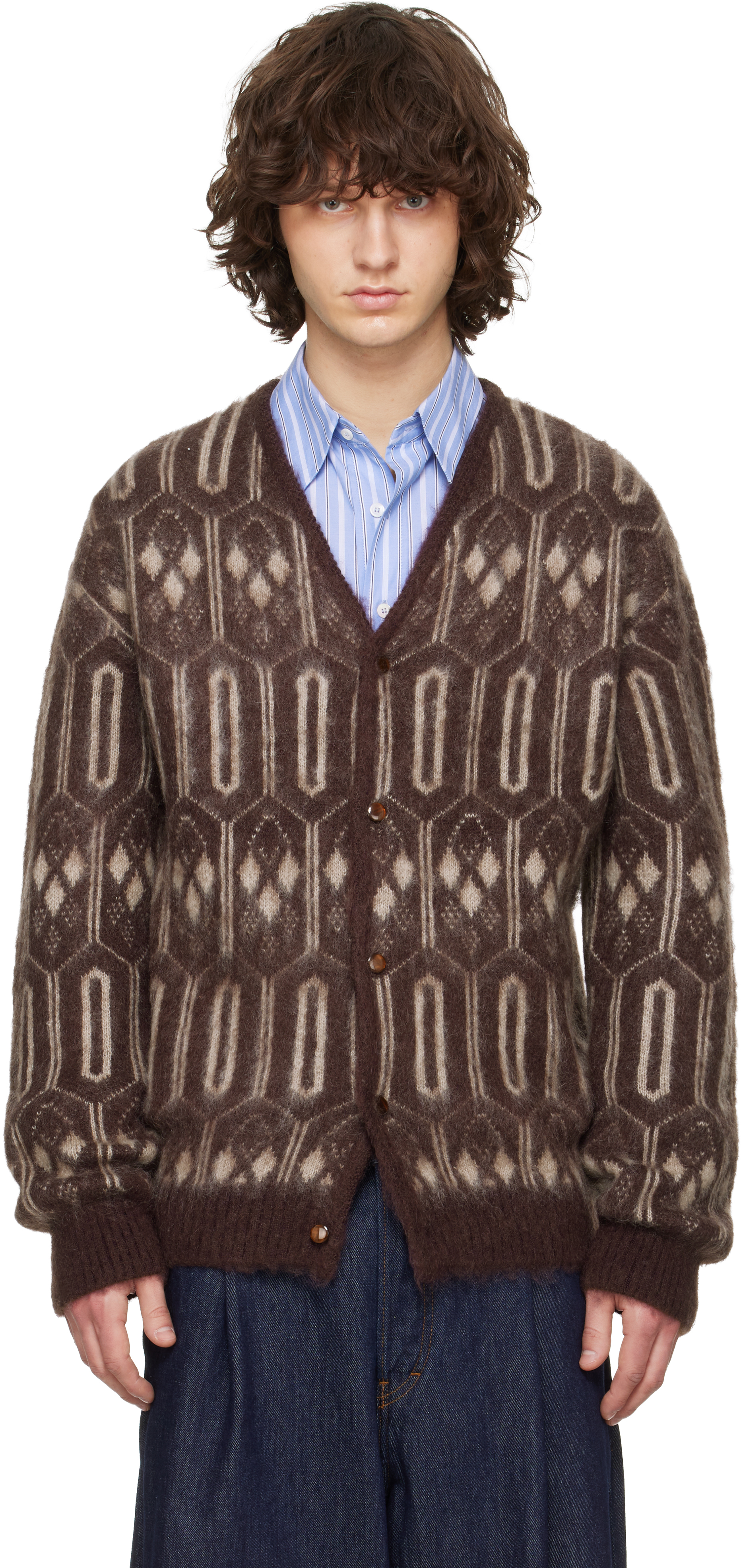 NEEDLESのバーガンディ Geometric モヘア カーディガンがセール中