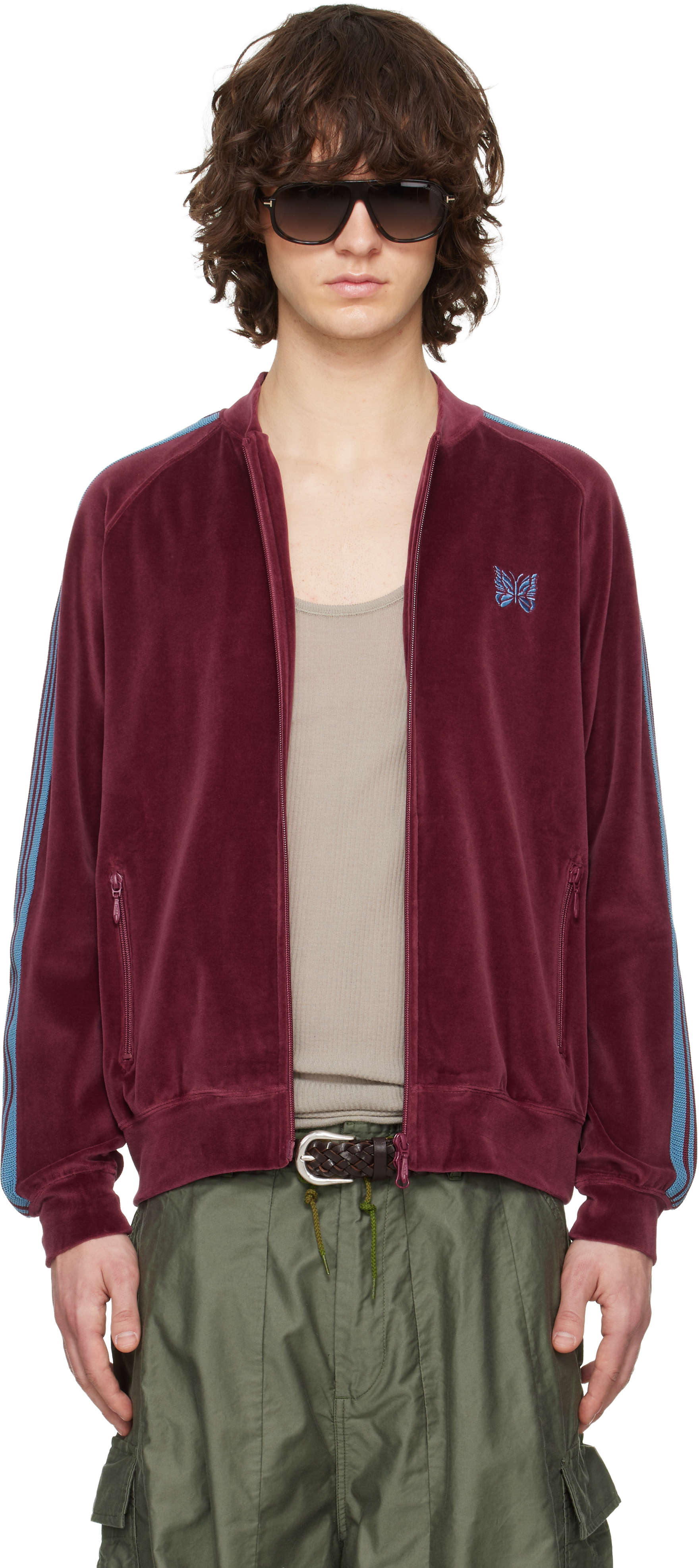 Burgundy Rib Collar Track Jacket by NEEDLES on Sale