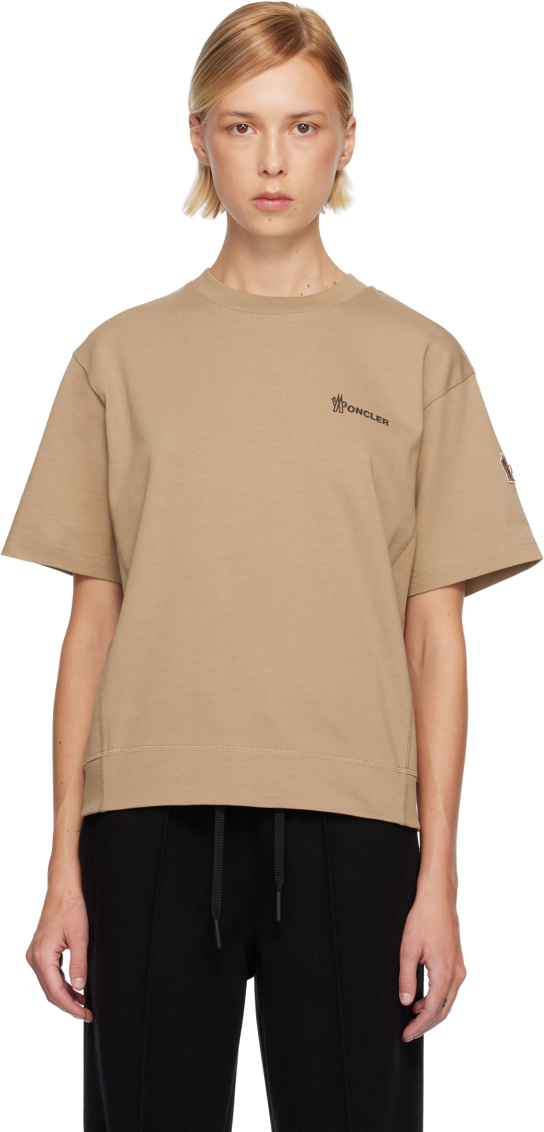Moncler Beige Embossed Logo Cotton T-shirt In Neutral