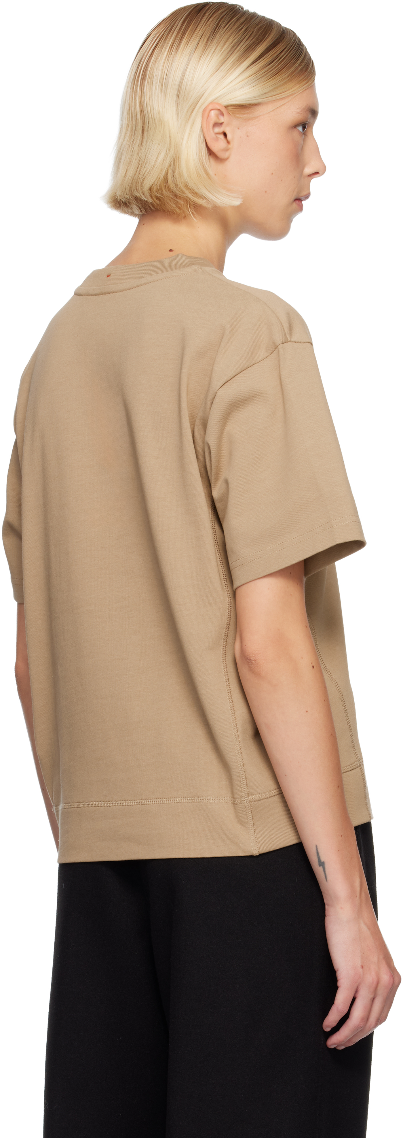 Moncler Beige Embossed Logo Cotton T-shirt In Neutral