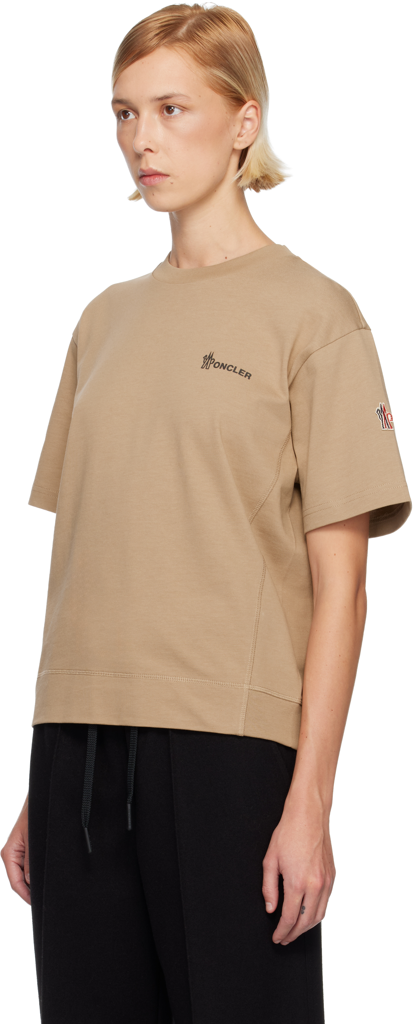 Moncler Beige Embossed Logo Cotton T-shirt In Neutral