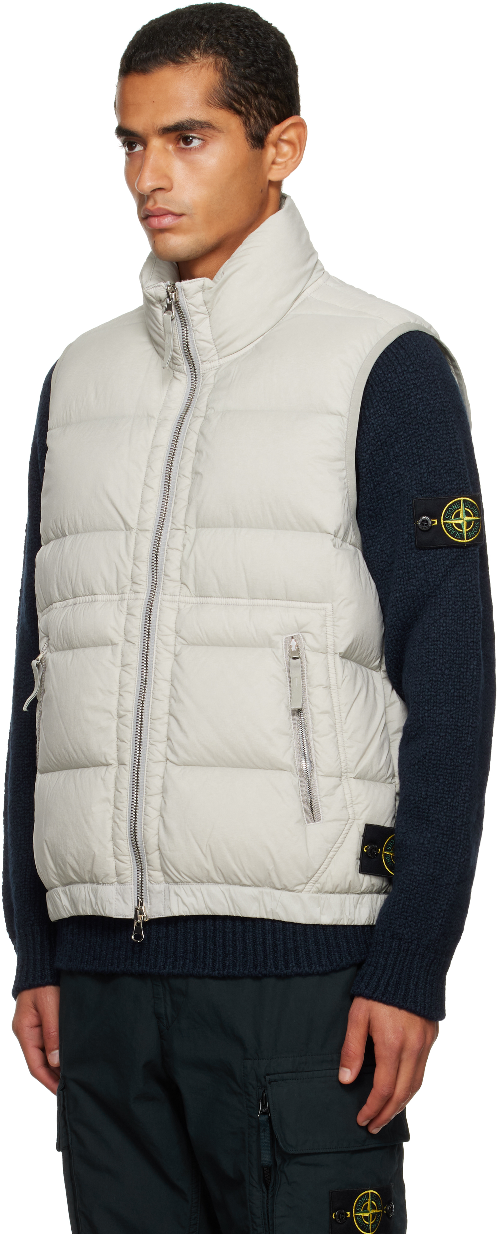 Stone Island Taupe G100007 Loom Woven Chambers Nylon Down-tc Vest In Animal Print