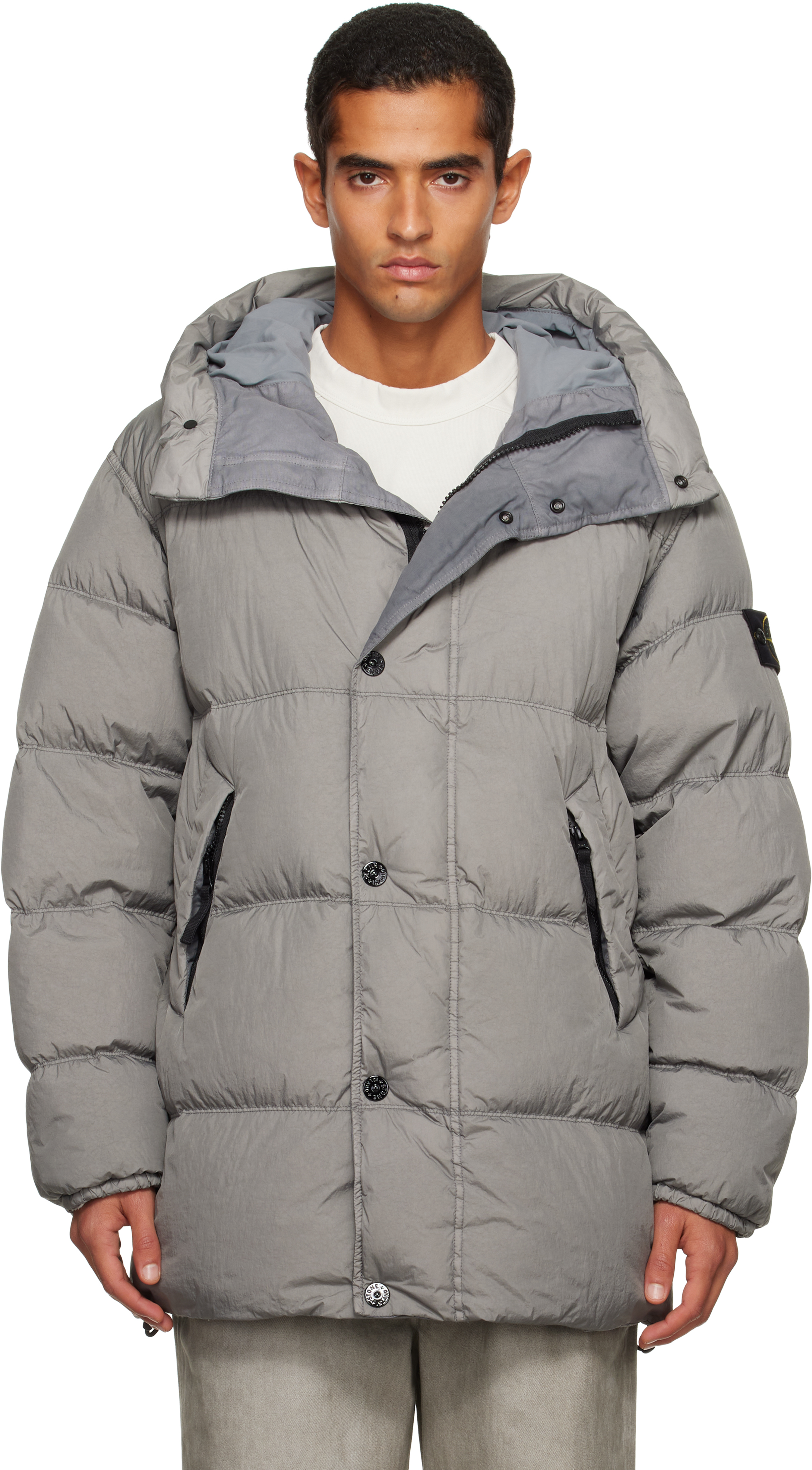 【美品】2025ss CRINKLE REPS R-NY Stone Island Crinkle Reps NY Hooded Down Jacket in Lead Grey