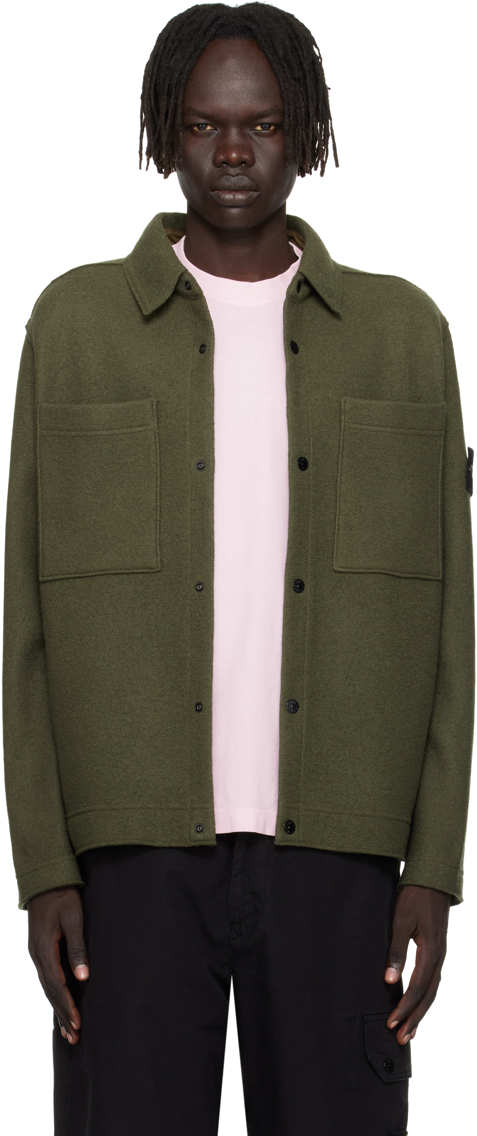 Stone Island Green 5100058 Felted Rws Wool Overshirt In Green