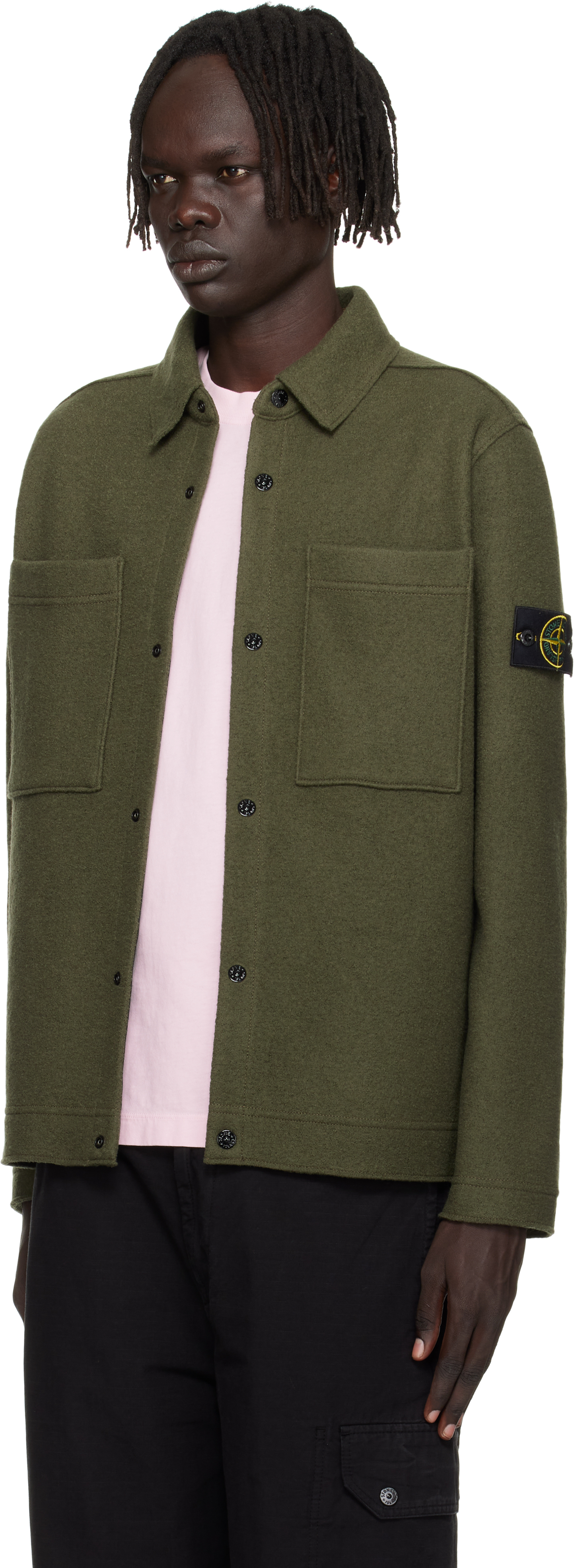 Stone Island Green 5100058 Felted Rws Wool Overshirt In Green