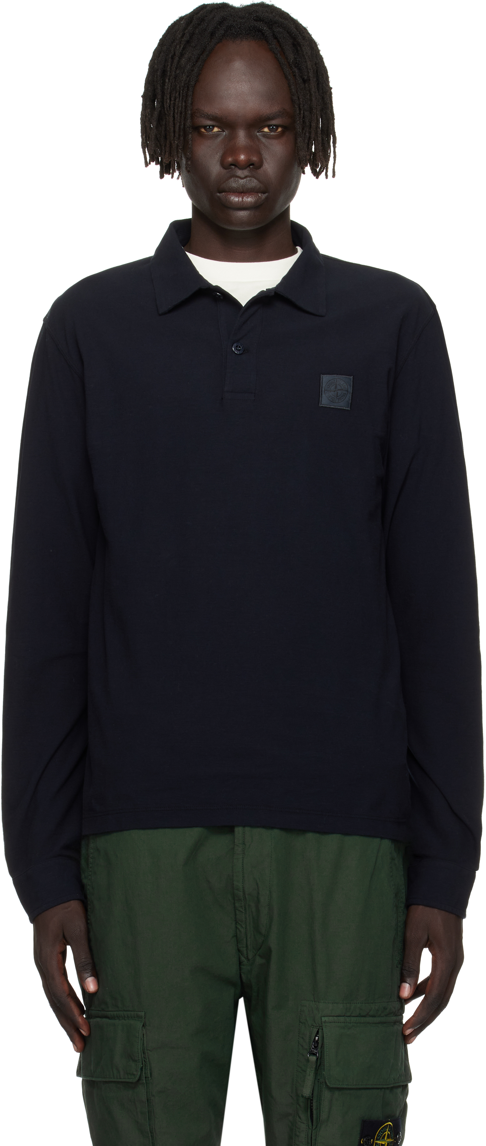 Stone Island: Navy 2200011 Long Sleeve Cotton Jersey Polo | SSENSE