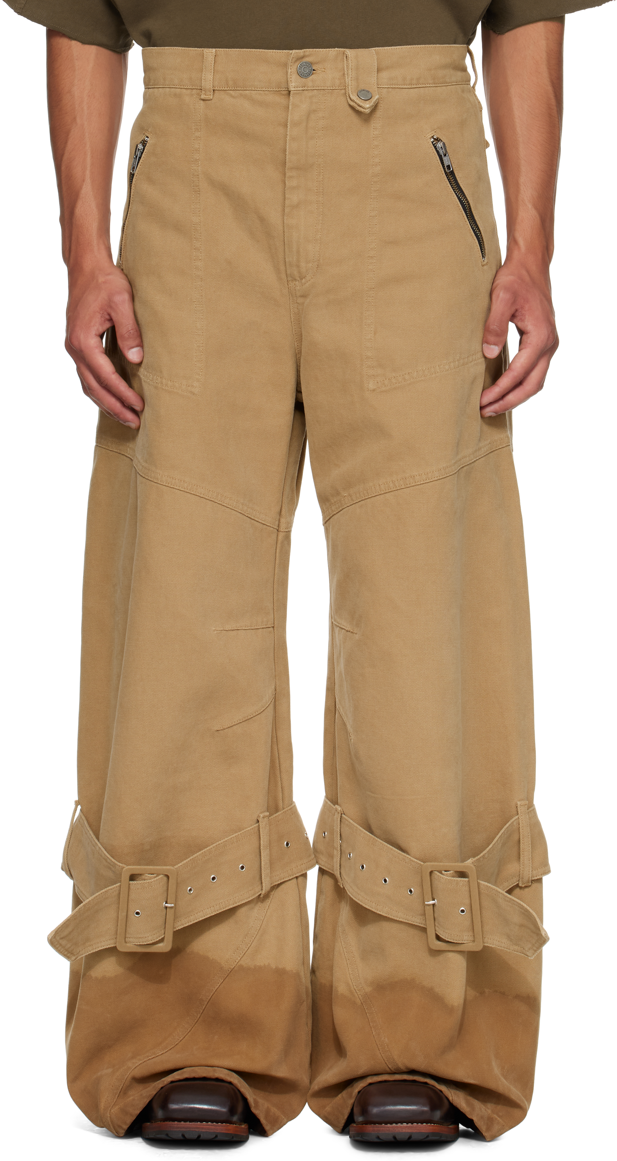 Egonlab Beige Pin-buckle Cargo Jeans In Nude