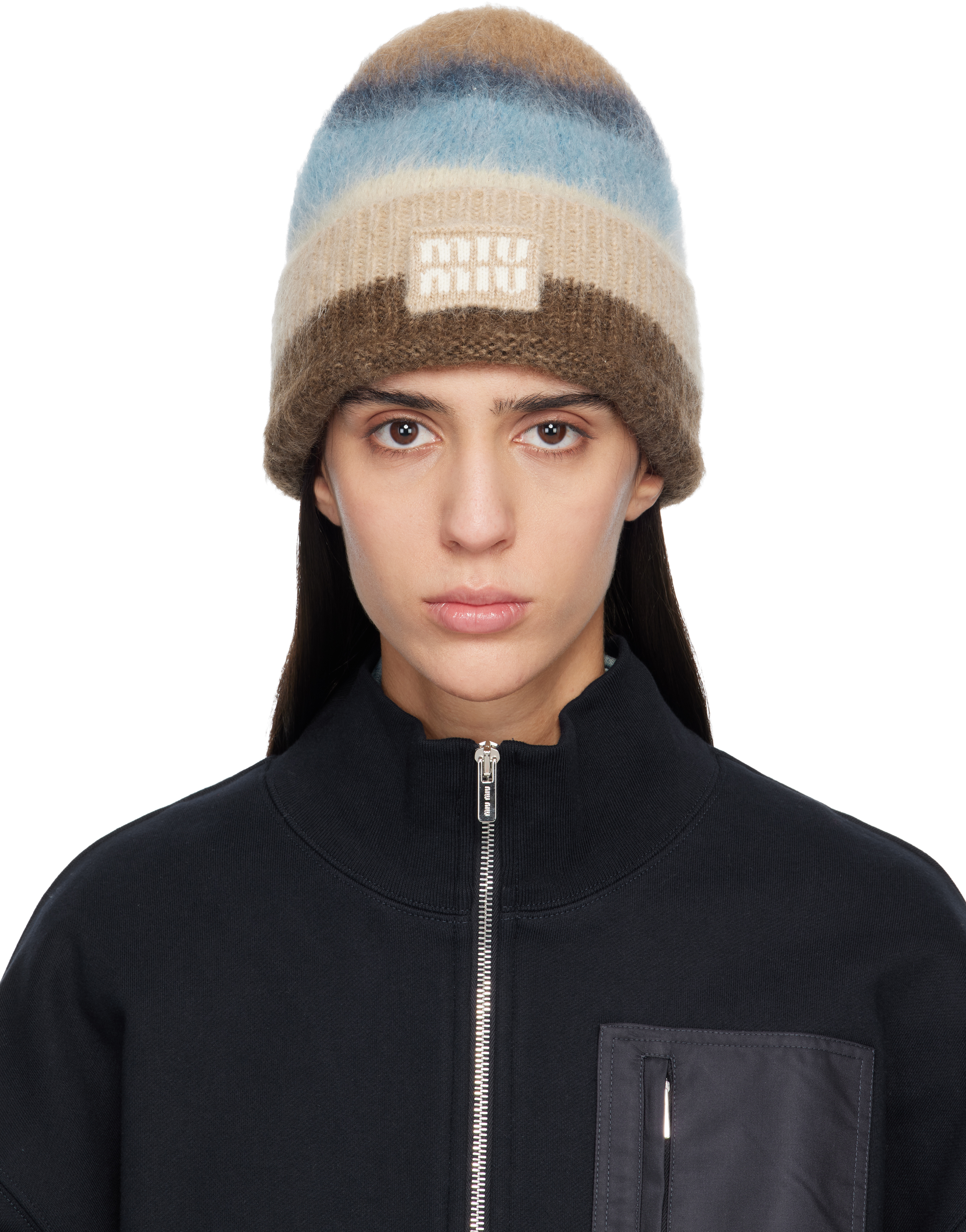 Miu Miu: Brown & Blue Mohair Beanie | SSENSE Canada