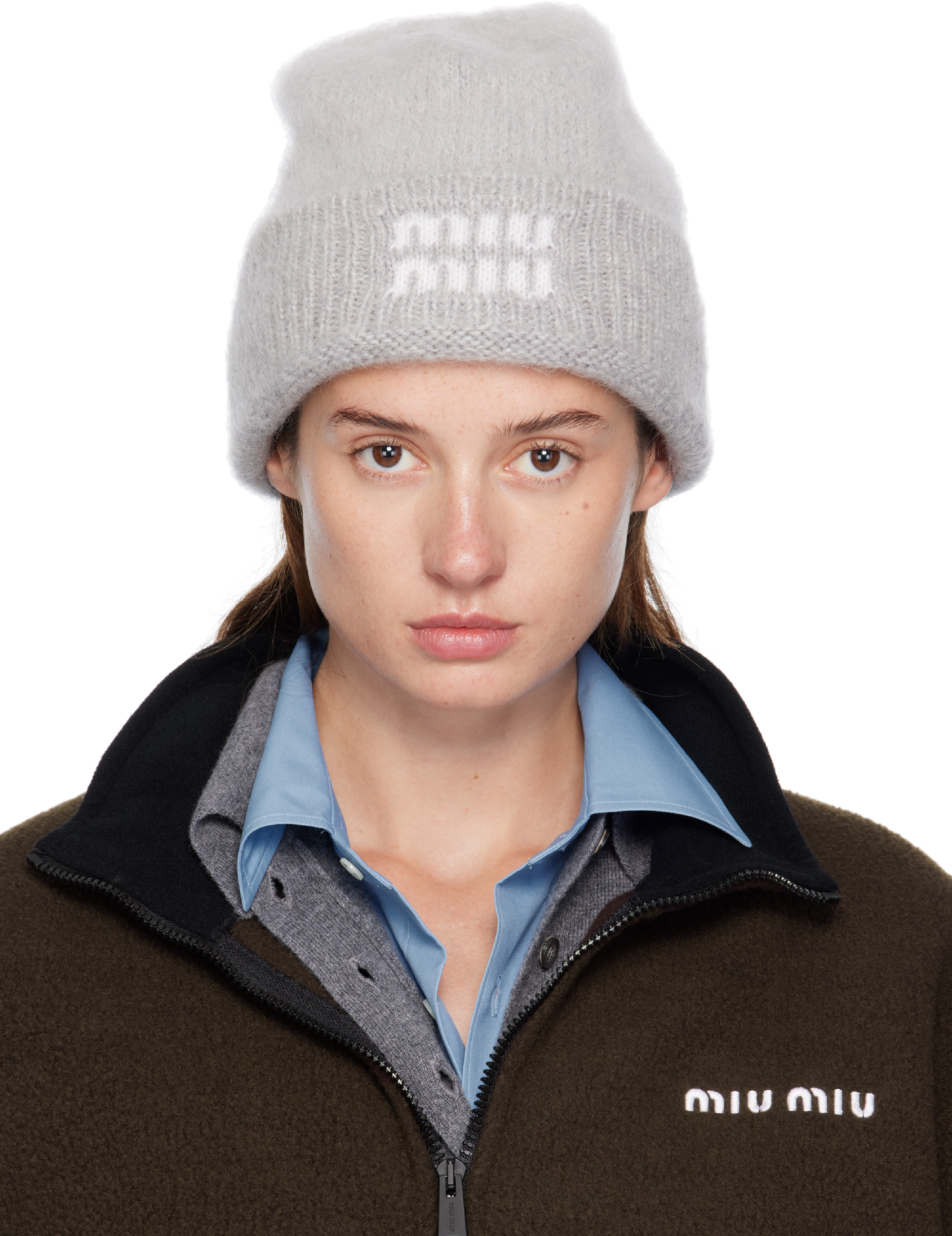 Miu Miu: Gray Mohair Wool Beanie | SSENSE Canada display picture 2