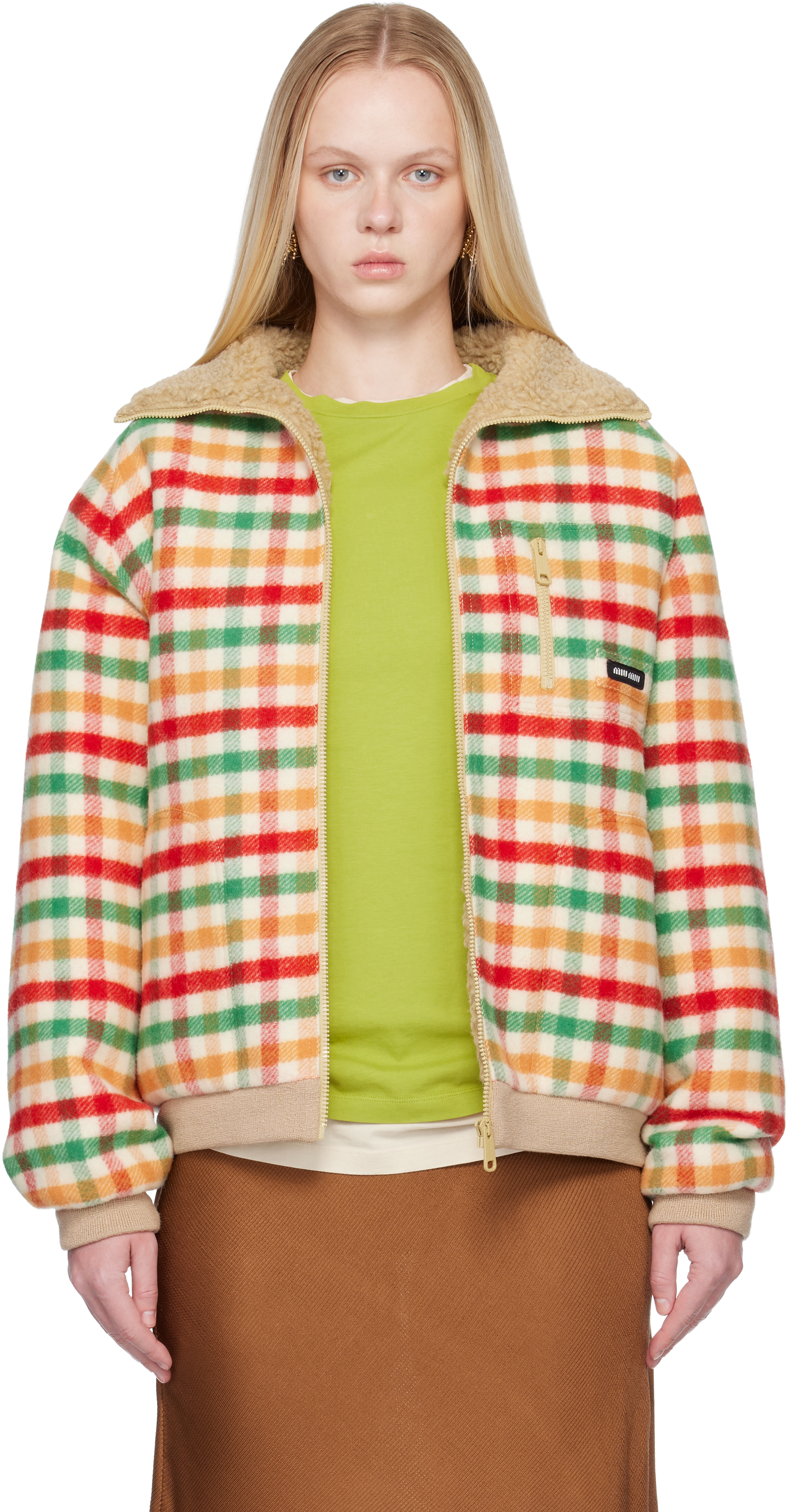 Miu Miu: Multicolor Fleece-Lined Checked Blouson Jacket | SSENSE