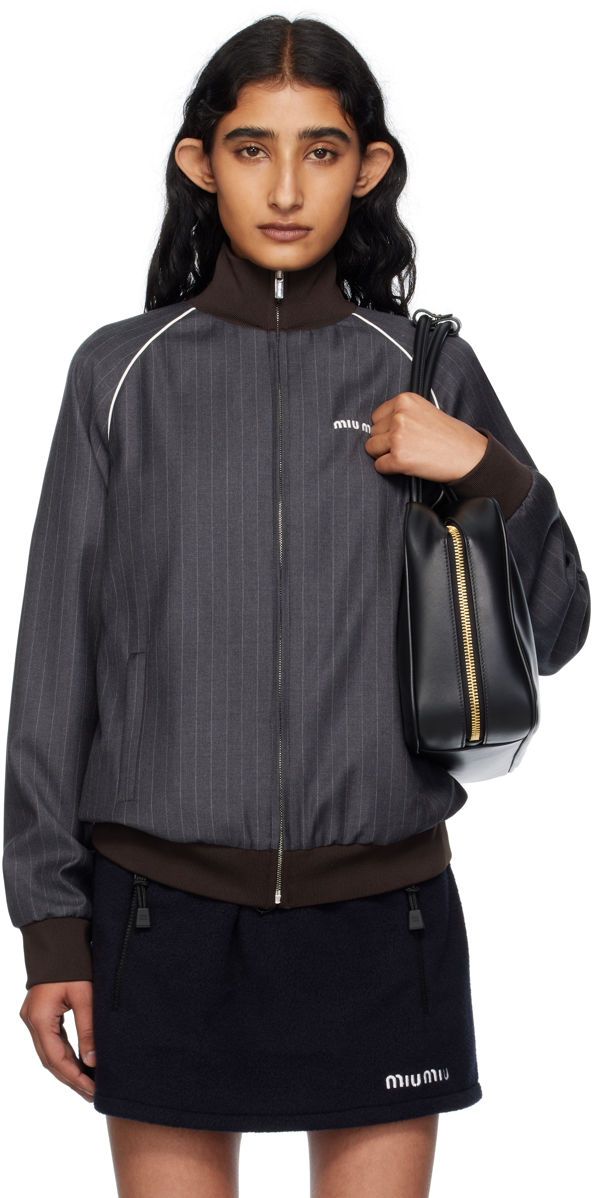Miu Miu: Gray Pinstripe Zipper Jacket | SSENSE Canada
