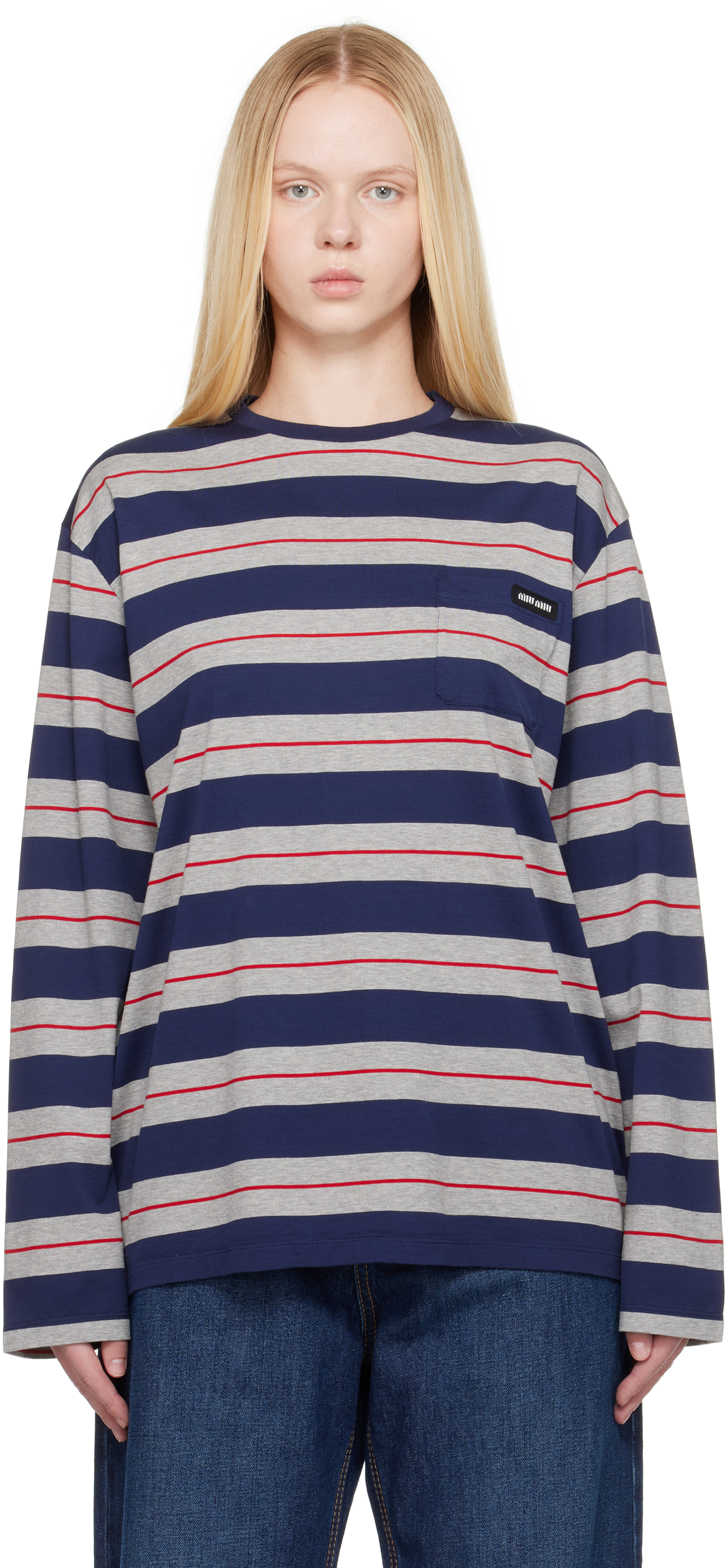 Miu Miu: Navy & Gray Long-Sleeved Cotton Jersey T-shirt | SSENSE