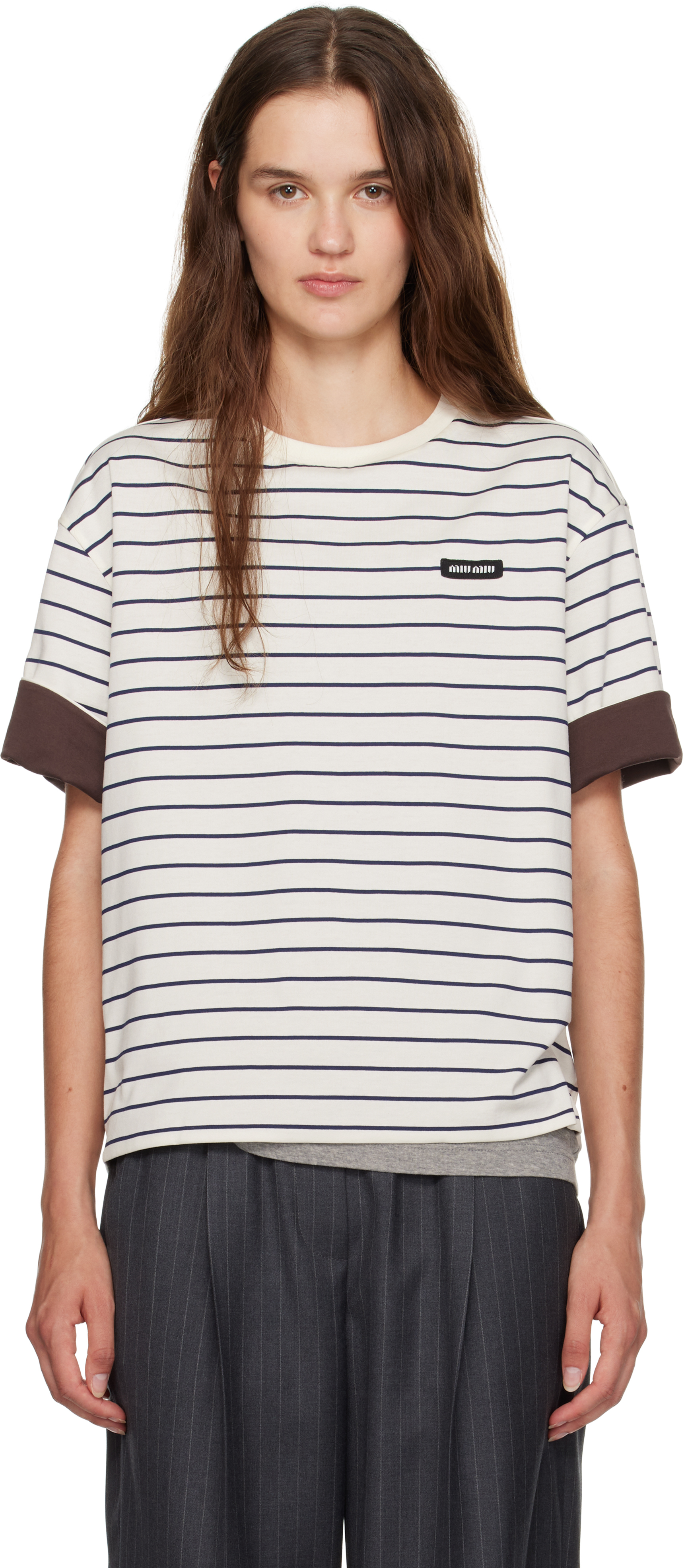 Tシャツ・カットソー MIU MIU Women Tops MJA906SOOO 11QG F04MU B CO POMICE PIOMBO Miu Miu tops for Women | SSENSE Canada