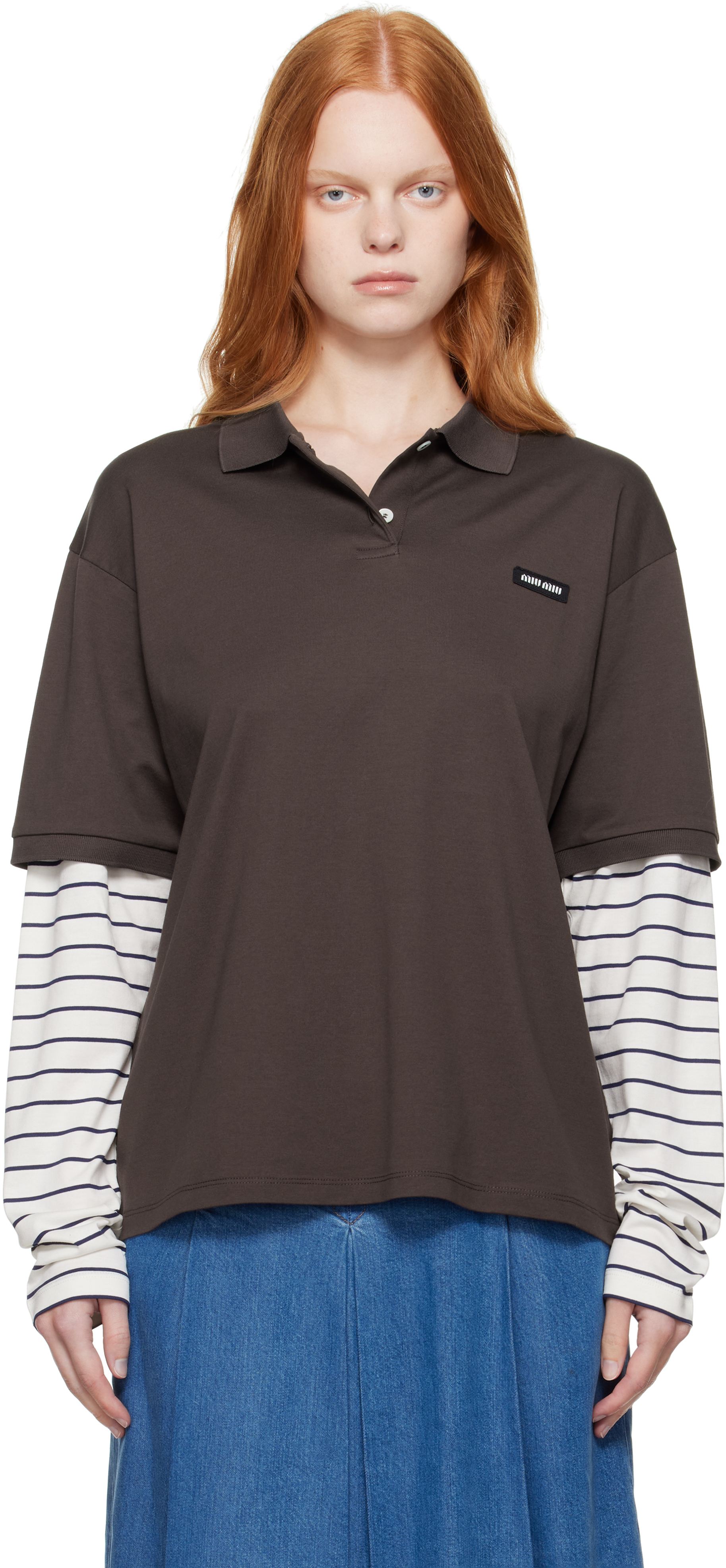 Tシャツ・カットソー MIU MIU Women Tops MJA906SOOO 11QG F04MU B CO POMICE PIOMBO Miu Miu tops for Women | SSENSE Canada