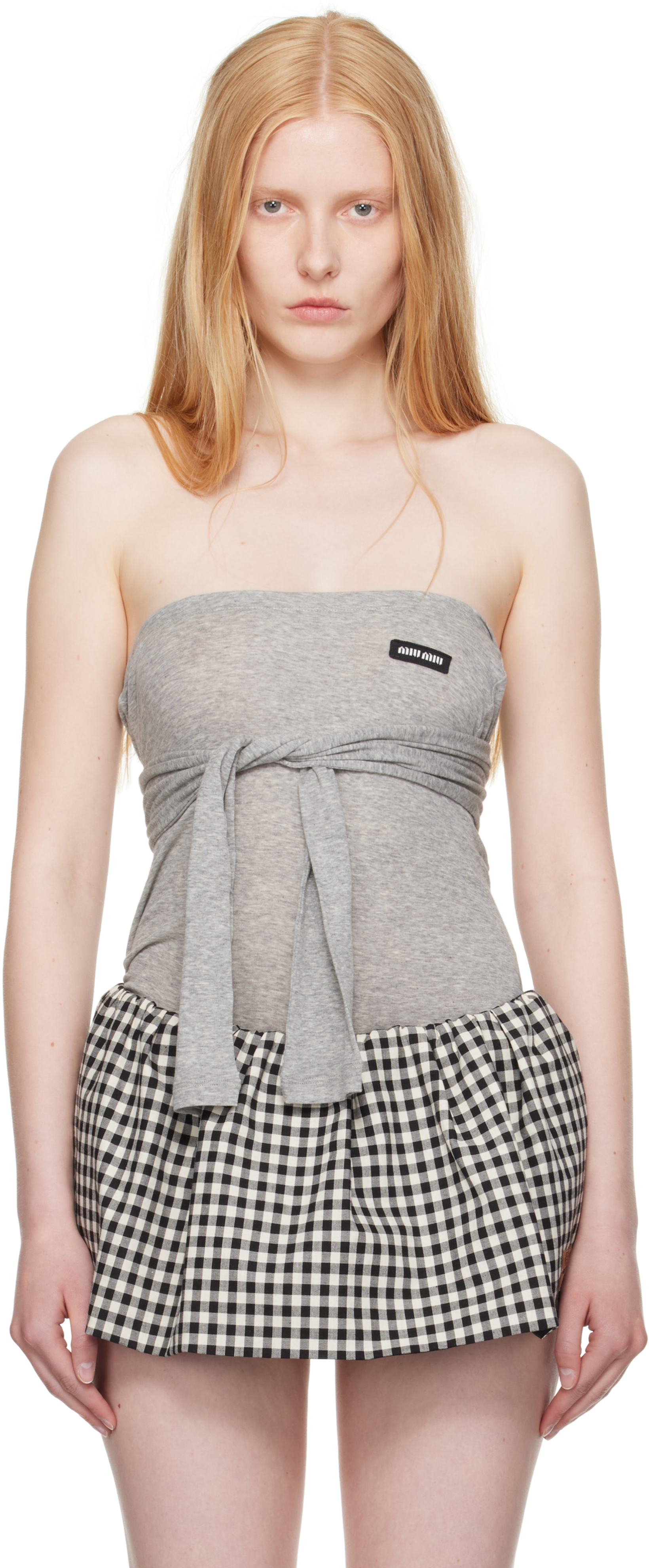 Tシャツ・カットソー MIU MIU Women Tops MJA906SOOO 11QG F04MU B CO POMICE PIOMBO Miu Miu tops for Women | SSENSE Canada