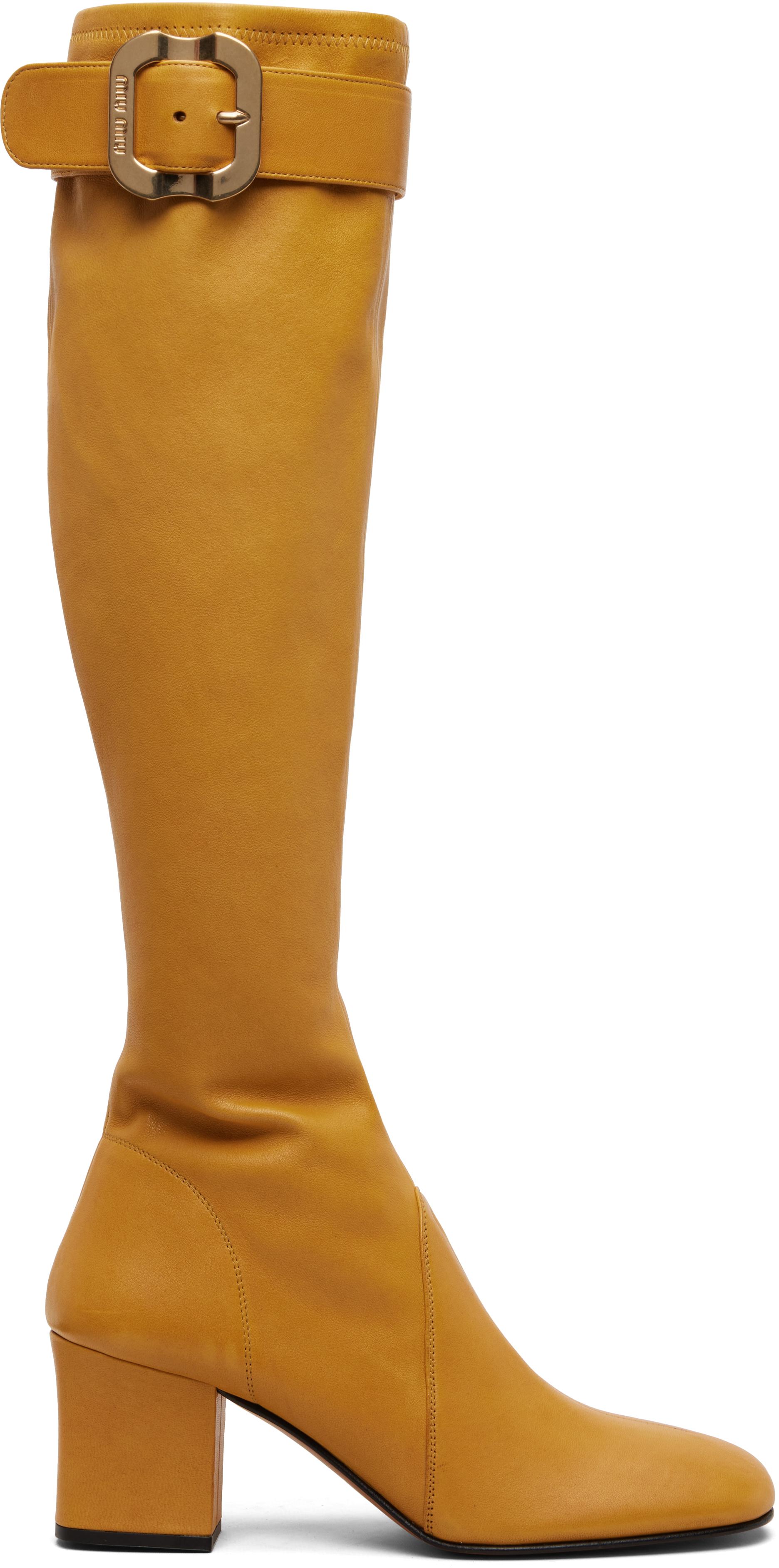Miu Miu: Yellow Nappa Leather Buckle Tall Boots | SSENSE Canada