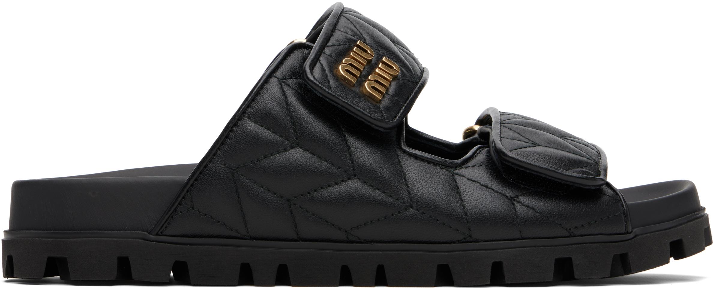【関税&送料込】Miu Miu Black Nappa Leather Slippers Miu Miu Matelassé nappa leather slides for Women - Green in