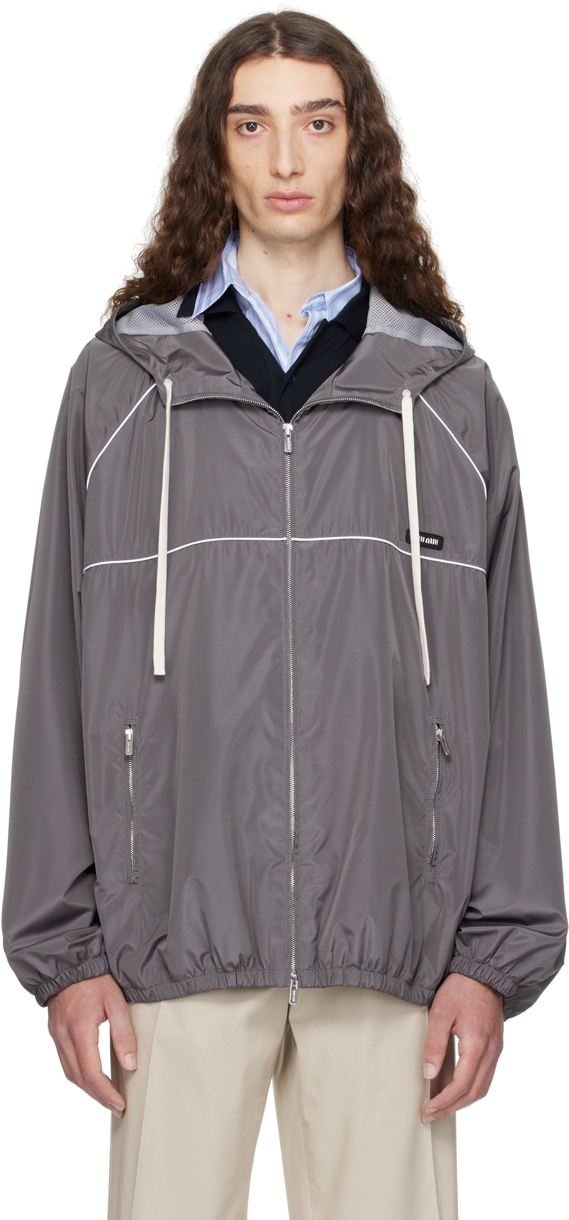 Miu Miu: Gray Technical Silk Zipper Jacket | SSENSE Canada