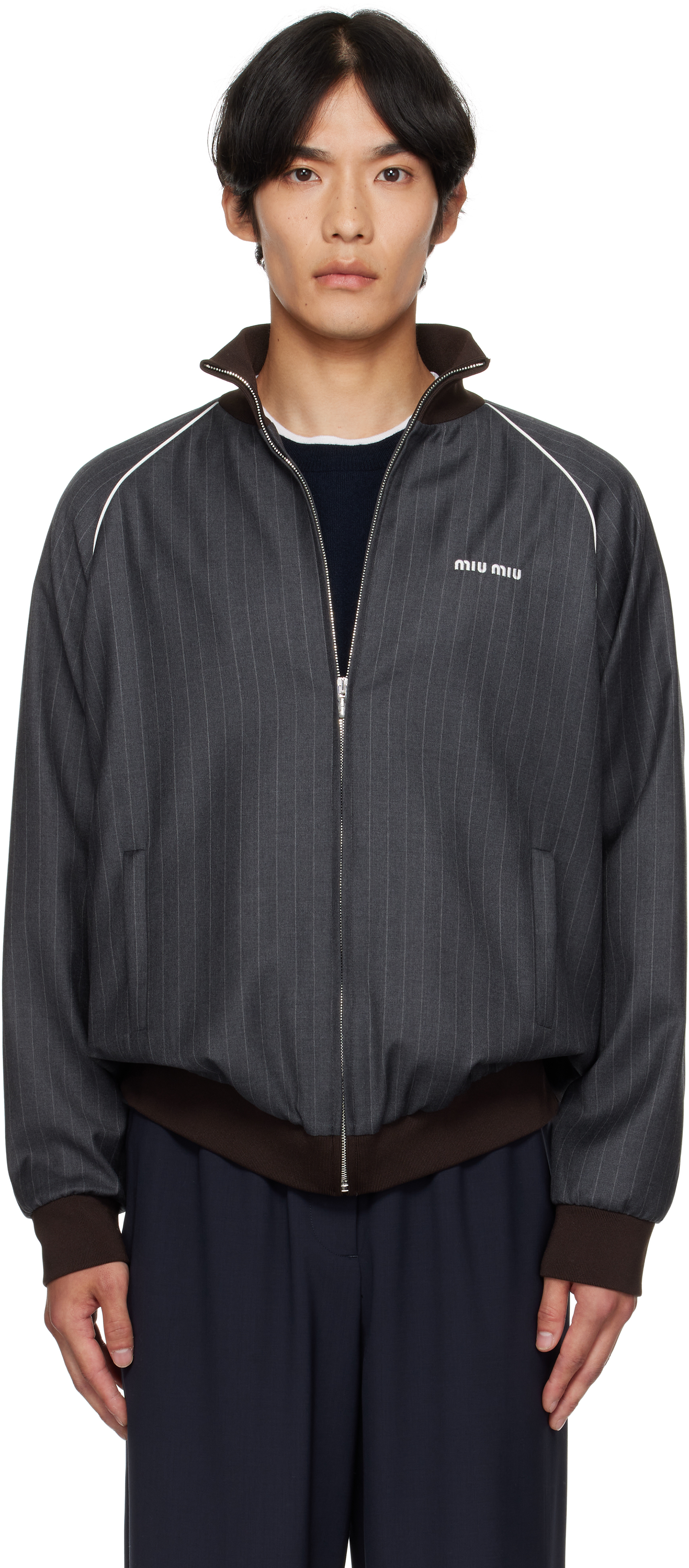 Miu Miu: Gray Pinstripe Zipper Jacket | SSENSE Canada Miu Miu: Gray Pinstripe Zipper Jacket | SSENSE Canada