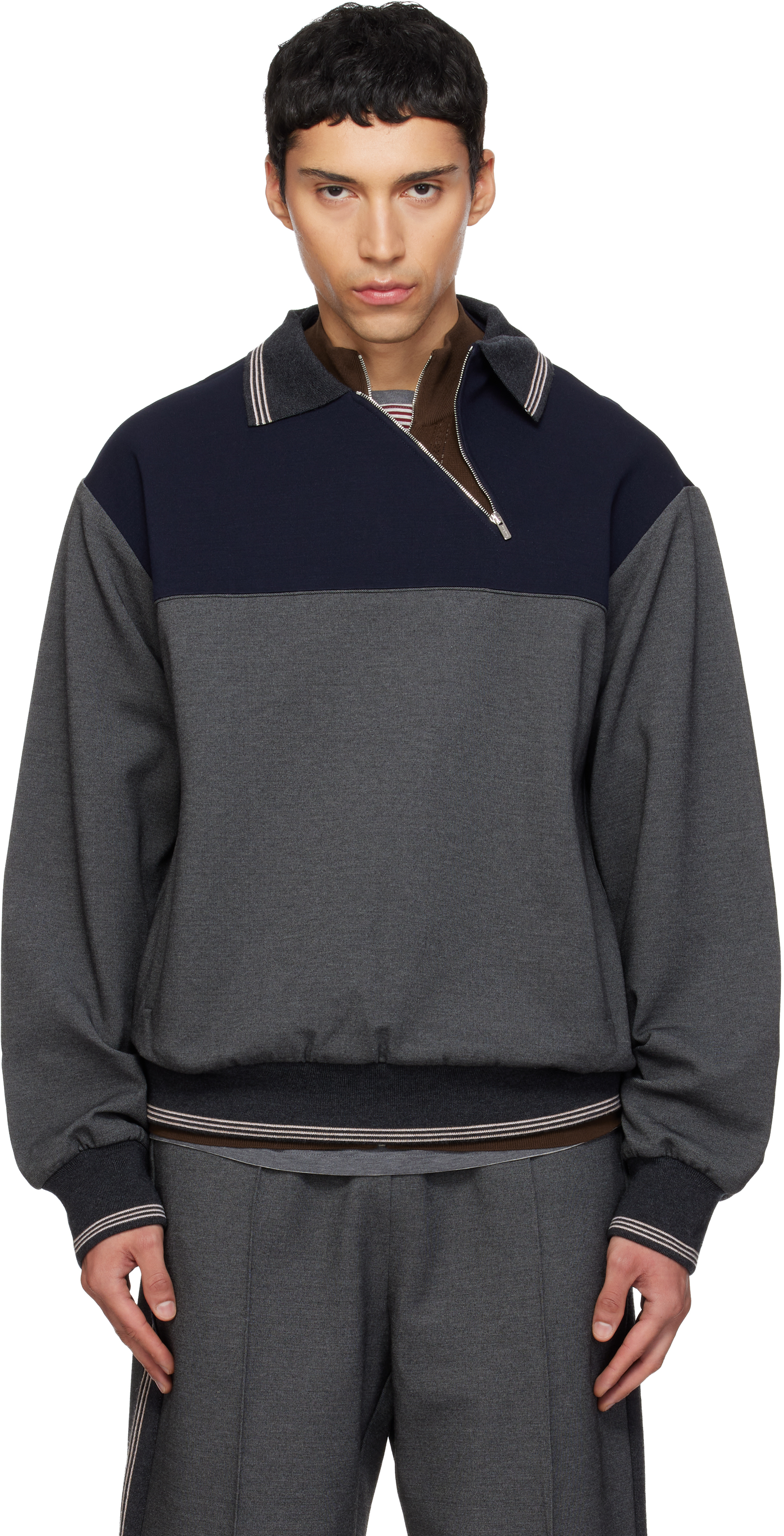 Miu Miu: Navy & Gray Zipper Polo | SSENSE Canada
