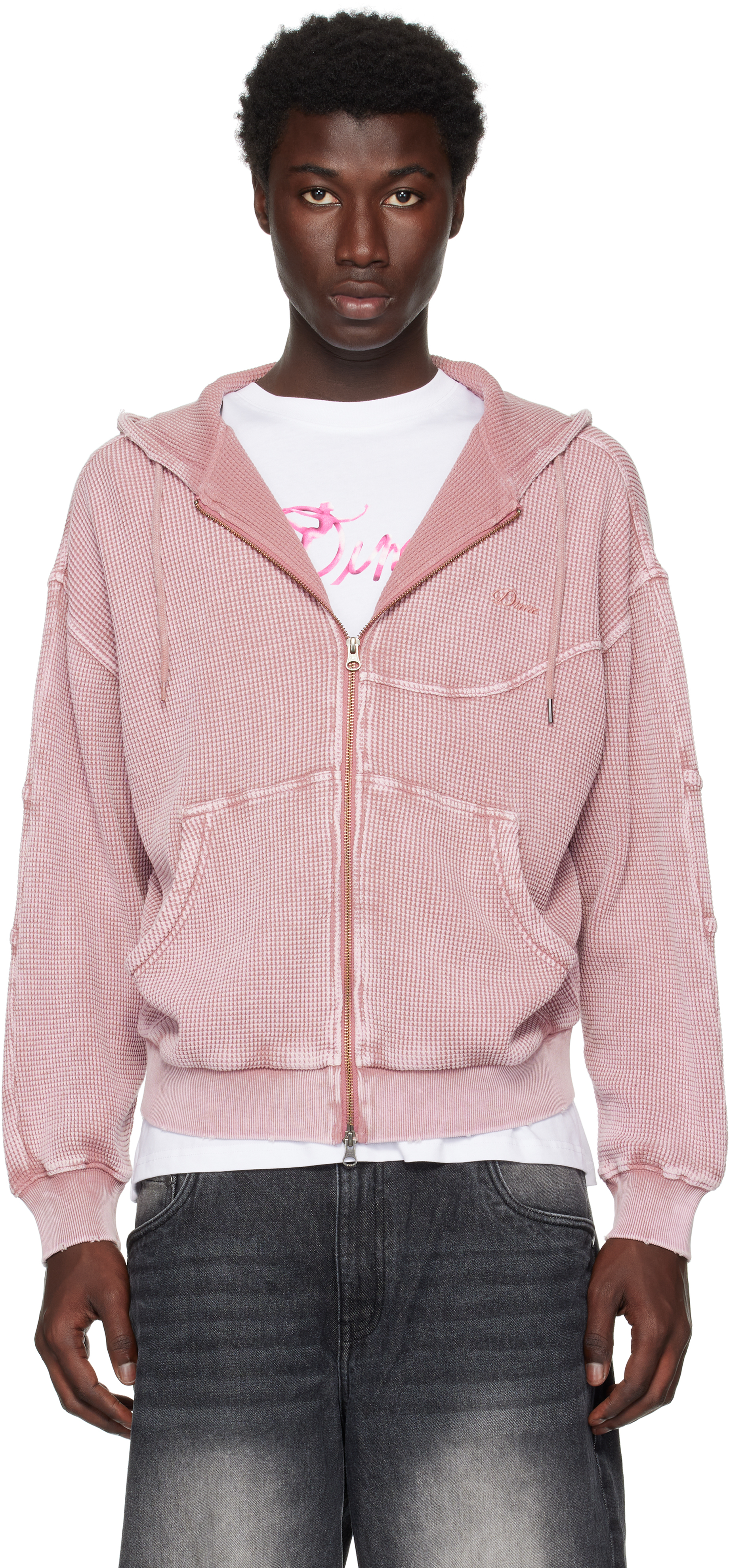 【関税込み】Dime ピンク Premium Waffle ジップフーディ Dime: Pink Premium Waffle Zip Hoodie | SSENSE
