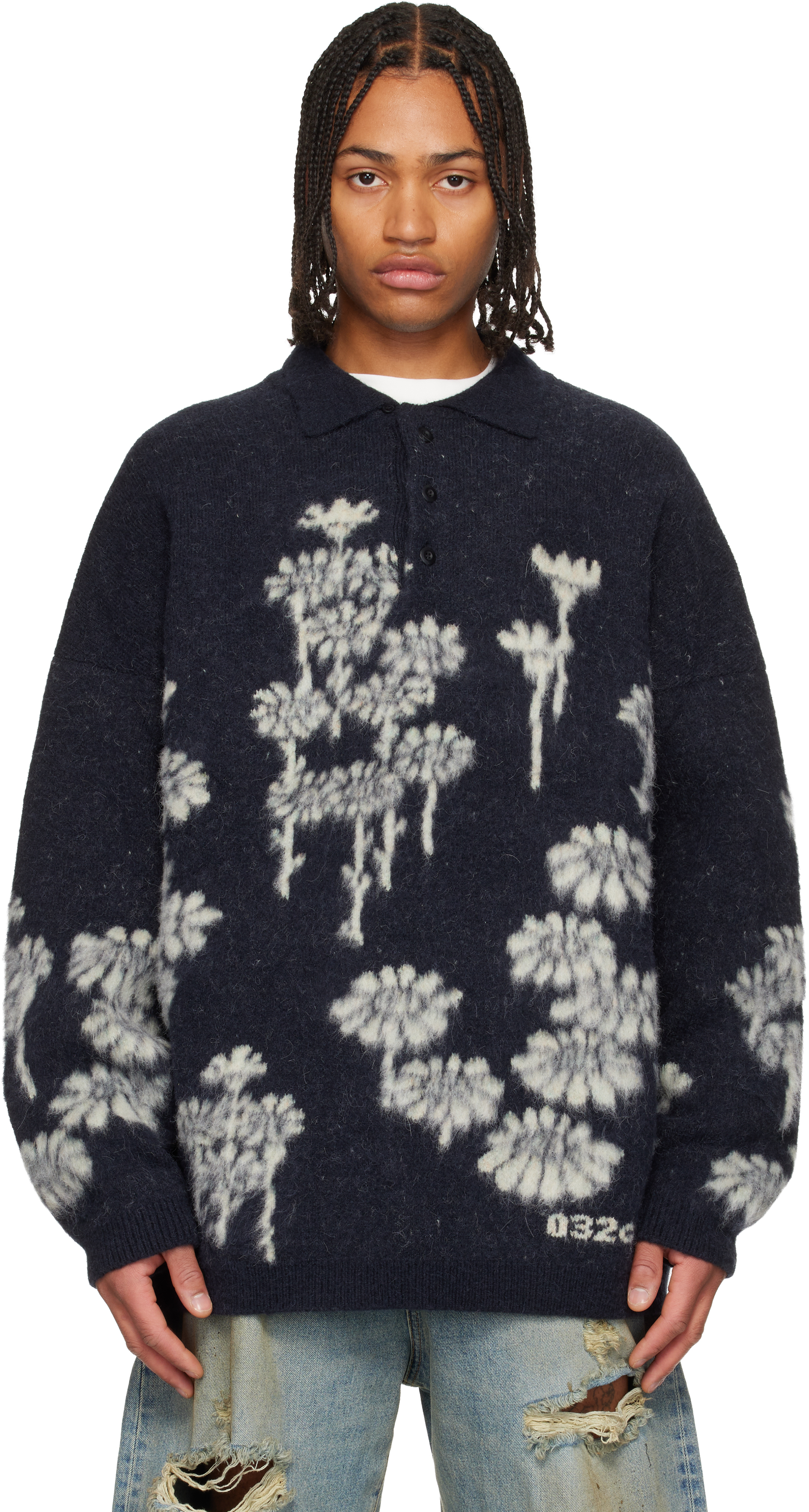 032c Navy Melting Daisies Knit Ls Polo In Blue