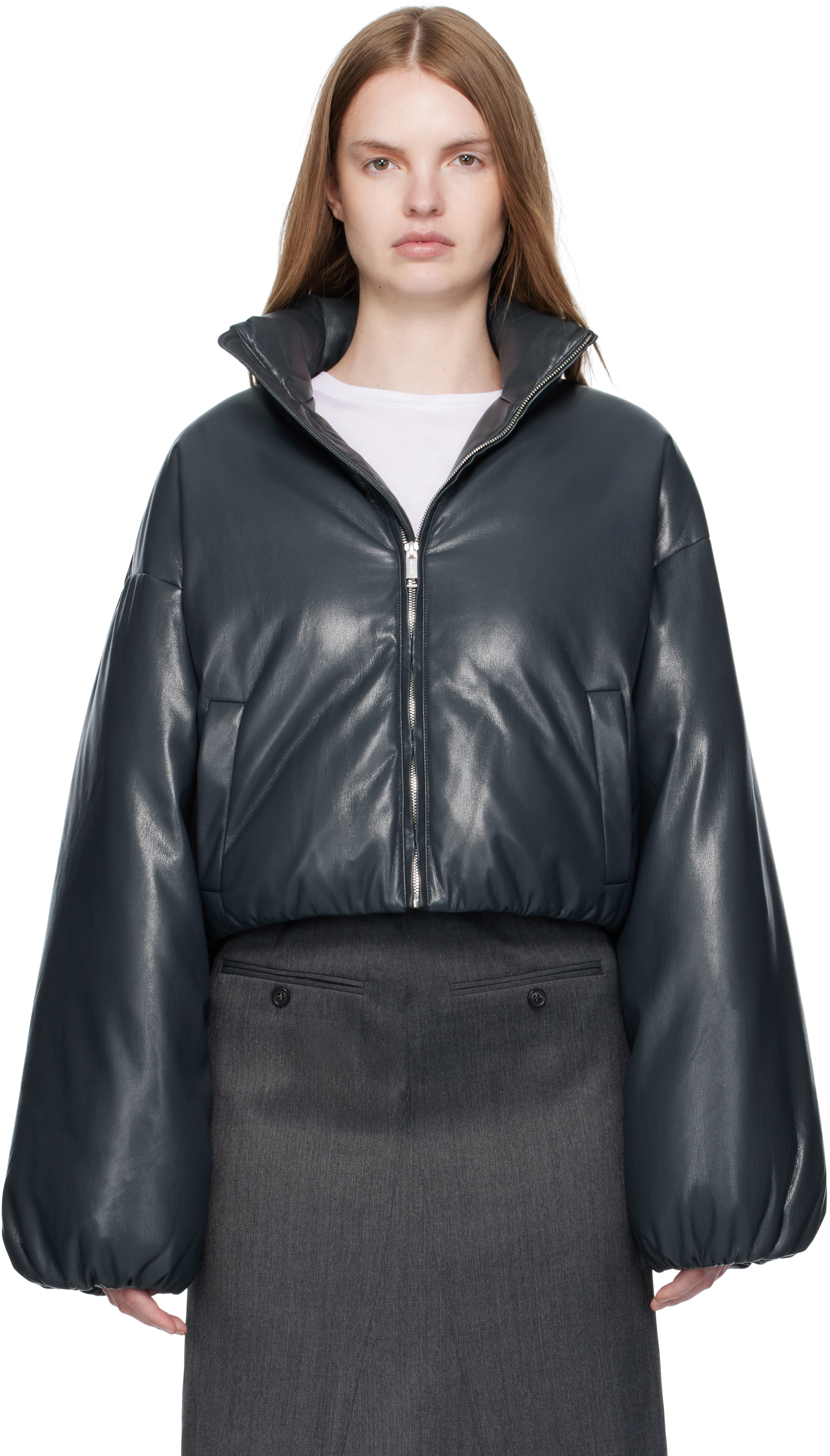 Nanushka Black Lilima Down Vegan Leather Jacket In Blue