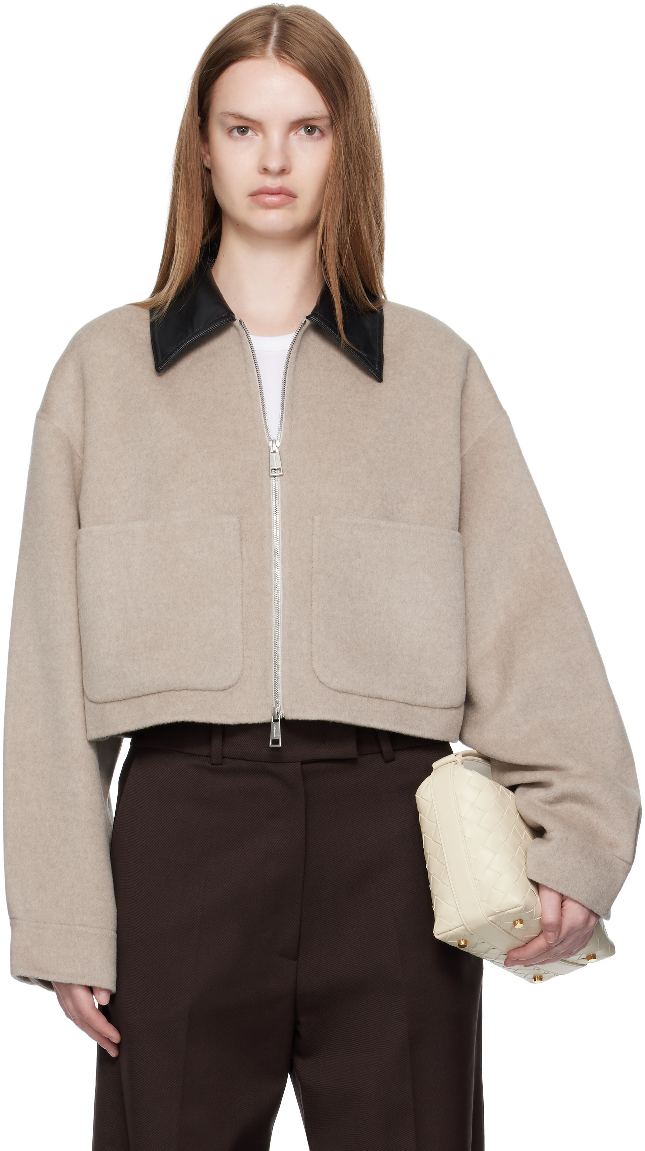 Nanushka Leather-collar Zip-up Jacket In Neutral