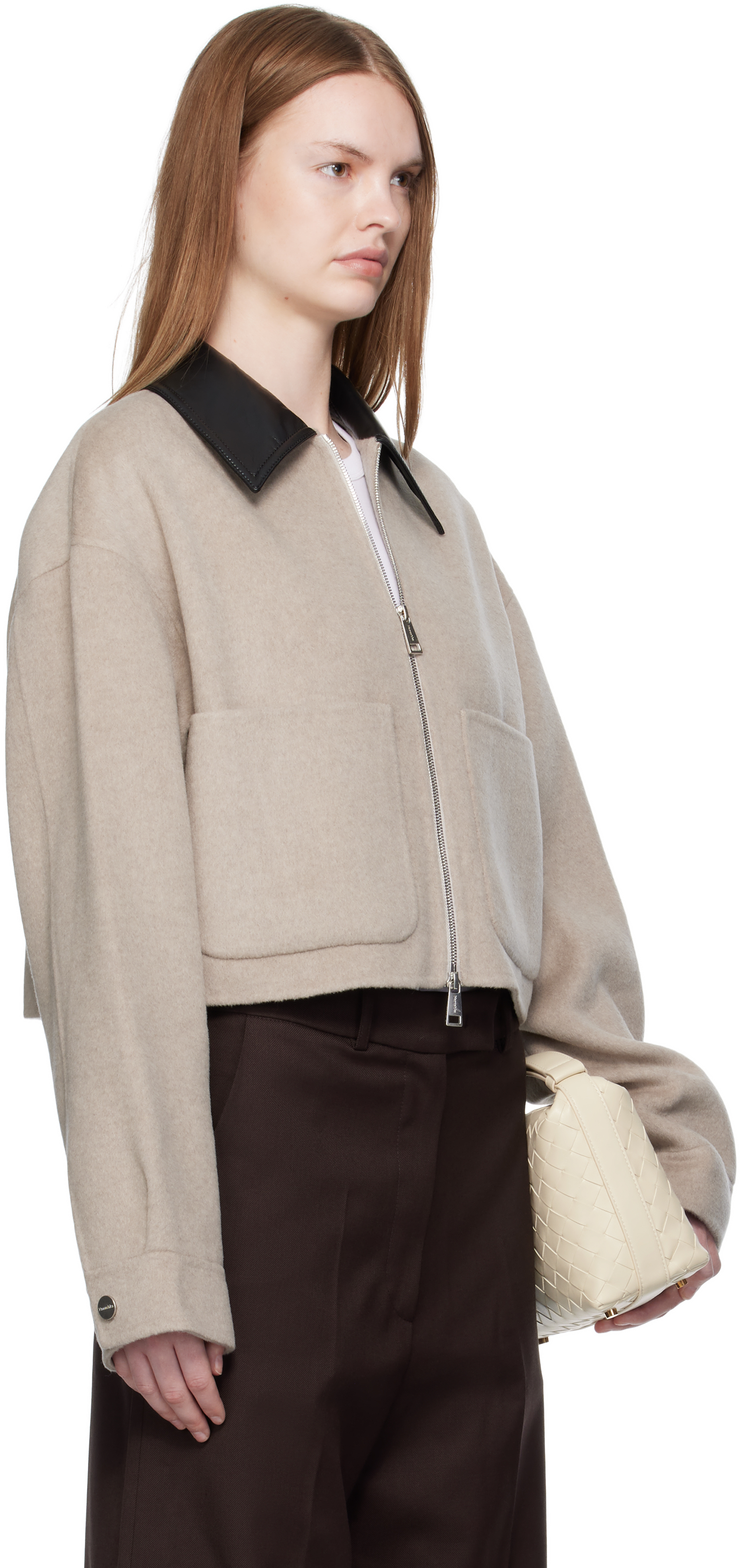 Nanushka Leather-collar Zip-up Jacket In Neutral