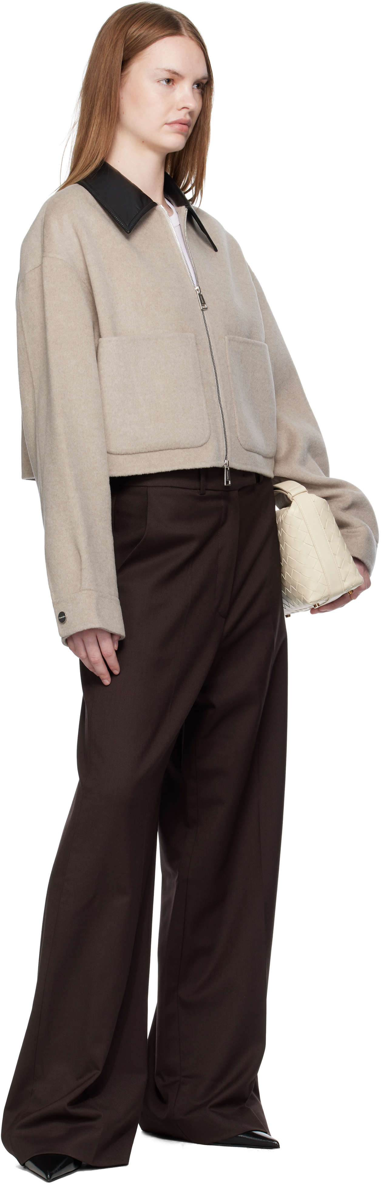 Nanushka Leather-collar Zip-up Jacket In Neutral