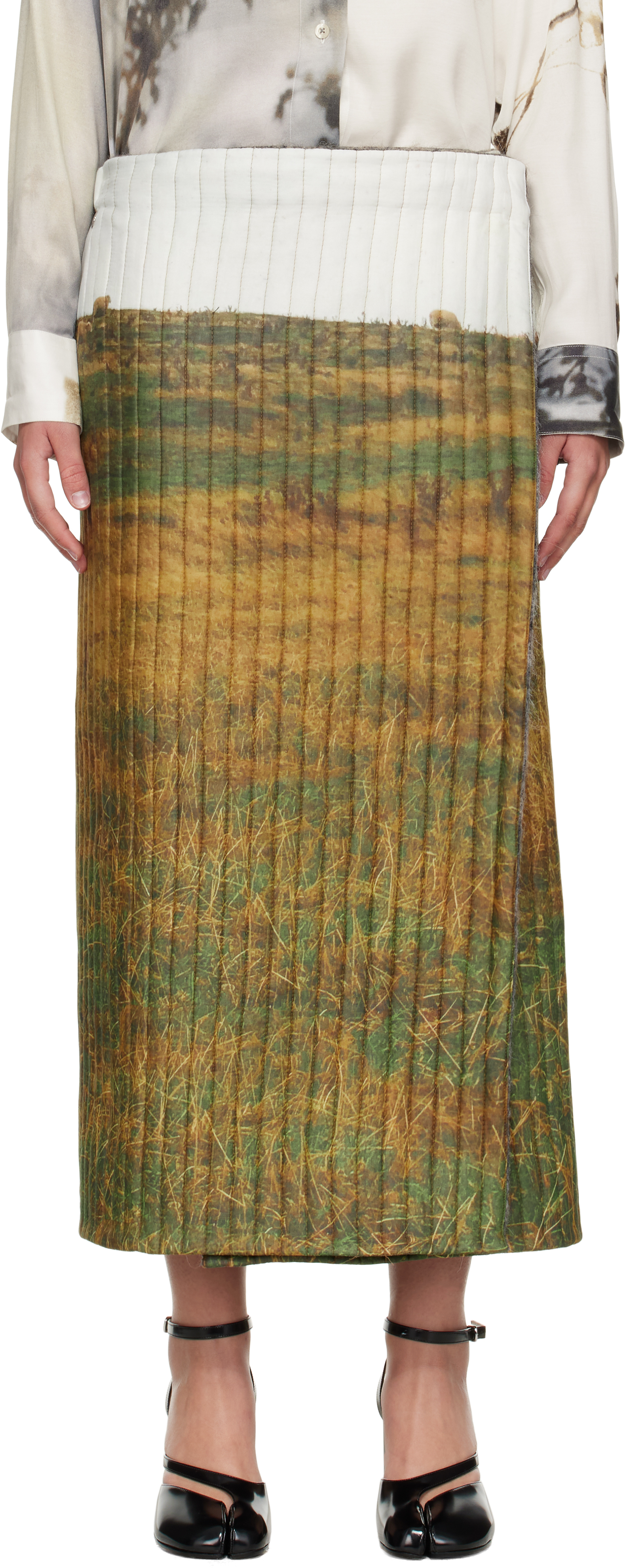 Bless Khaki & Off-white 2027 Padded Midi Skirt In Multi