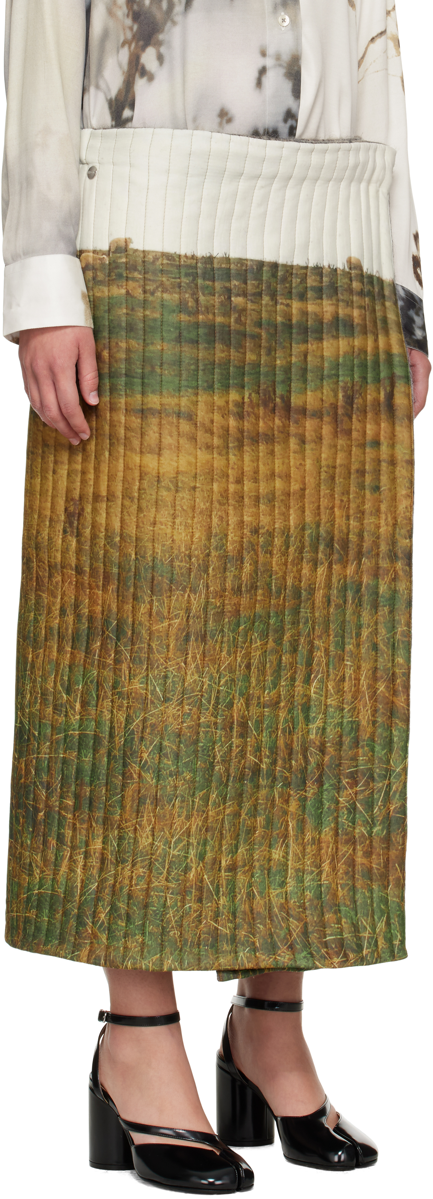 Bless Khaki & Off-white 2027 Padded Midi Skirt In Multi