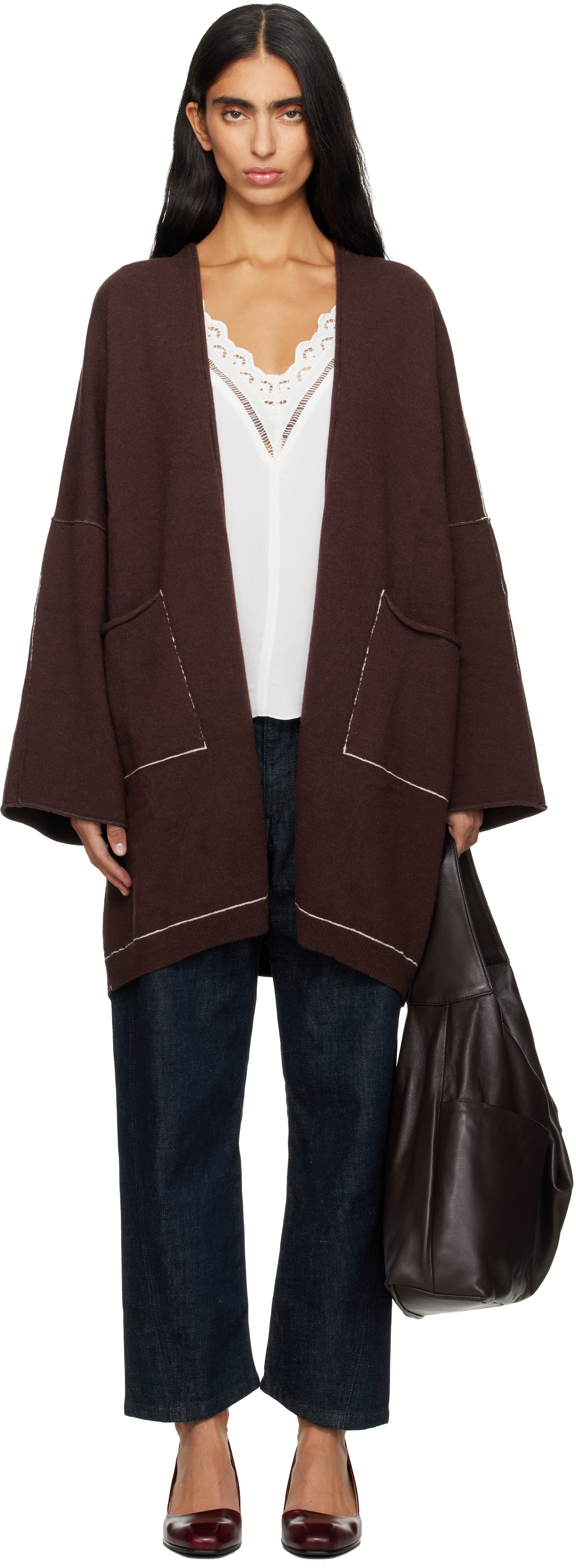 Lauren Manoogian Brown Stitch Wide Cardigan In Burgundy