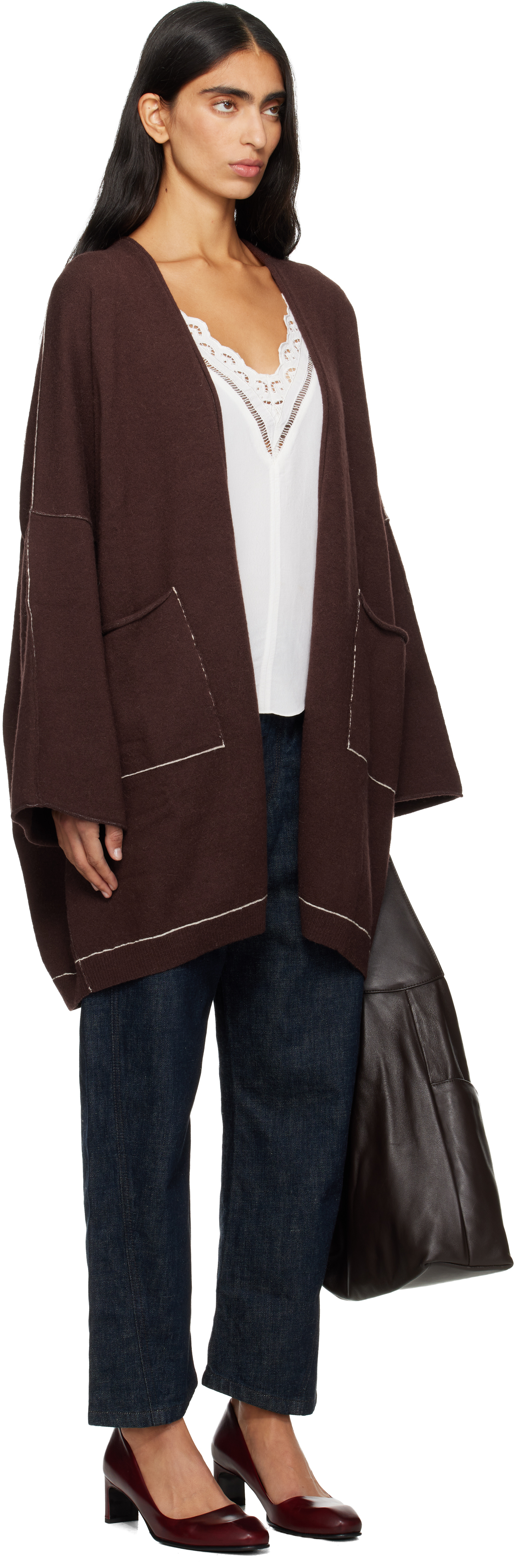 Lauren Manoogian Brown Stitch Wide Cardigan In Burgundy