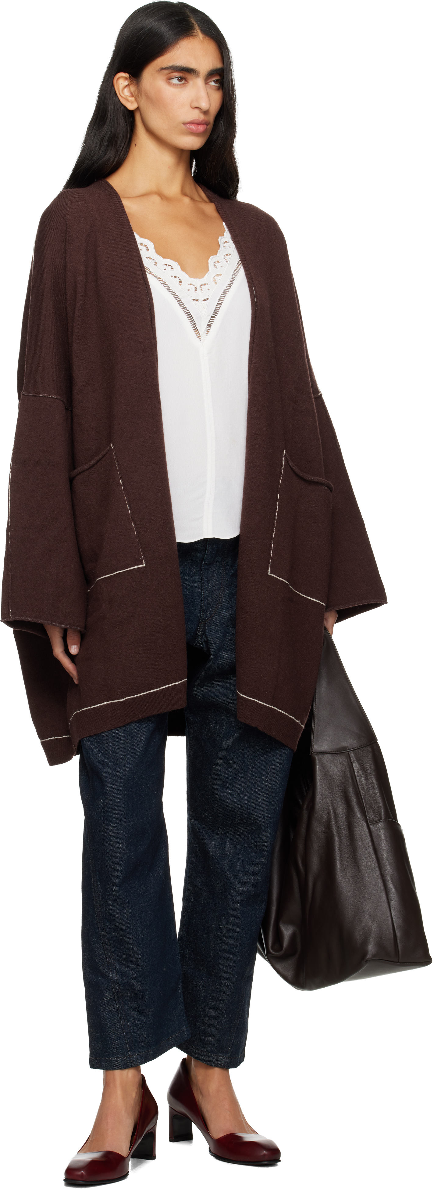 Lauren Manoogian Brown Stitch Wide Cardigan In Burgundy