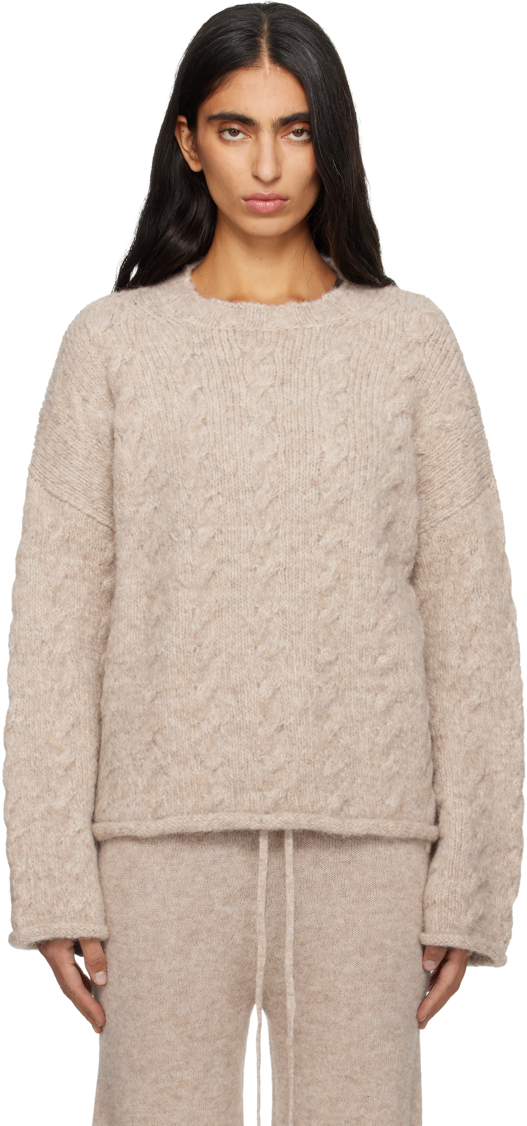 Lauren Manoogian Beige Cable Crewneck Sweater In Burgundy